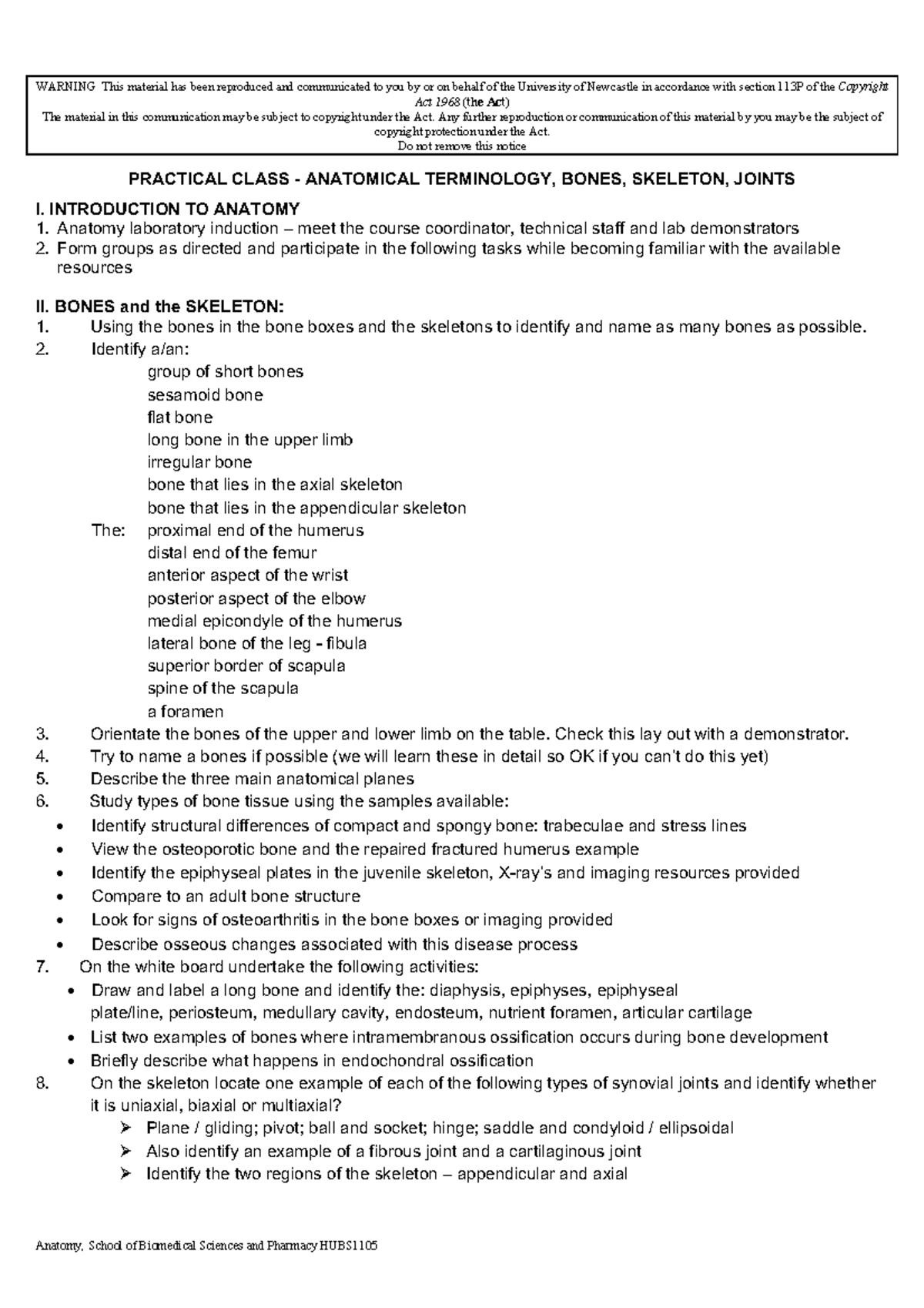 HUBS1105 Week 1 - Lab - Lab Objectives - Anatomy, School of Biomedical ...