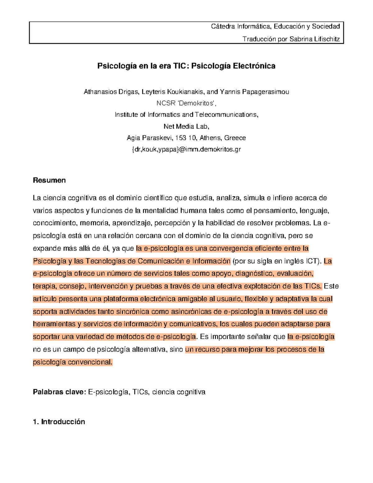 Psicologia en la era TIC Psicologia Electronica - Drigas, Koukianakis y ...