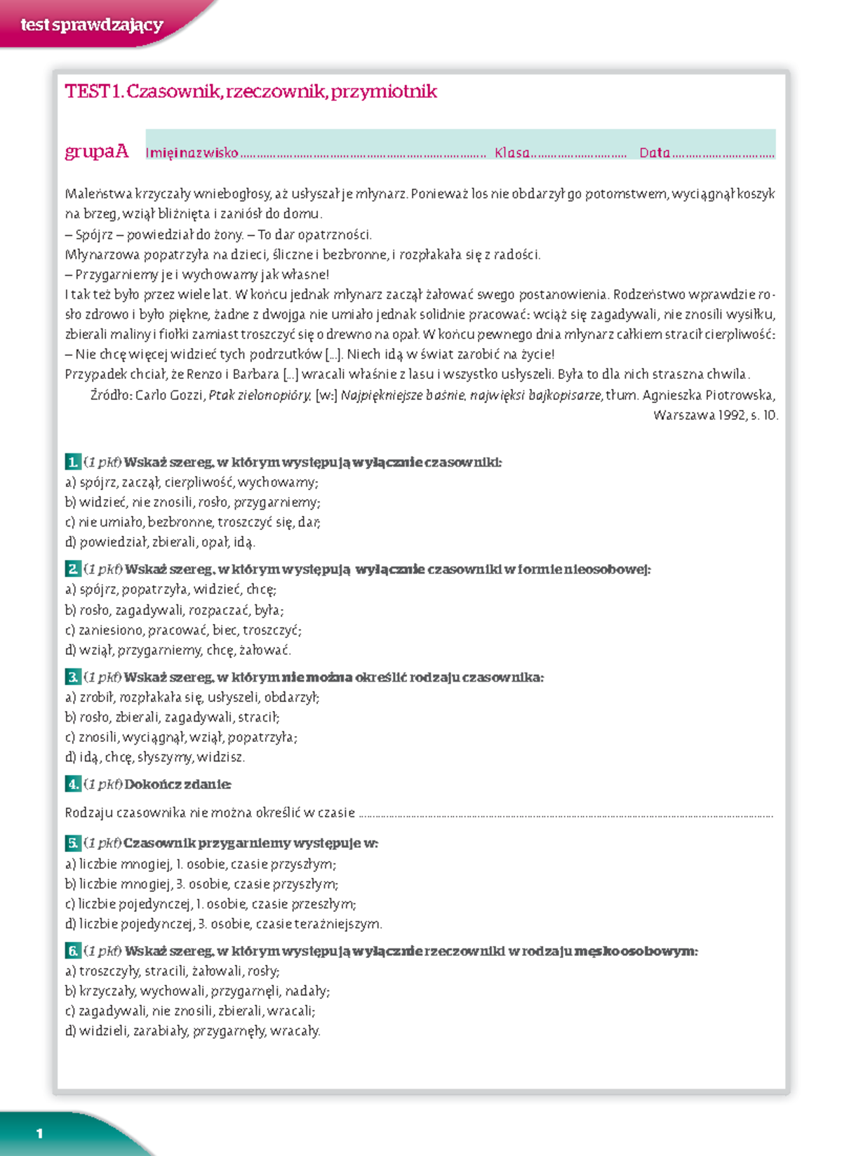 Sprawdzian Rzeczownik Czasownik Przymiotnik Klasa 6