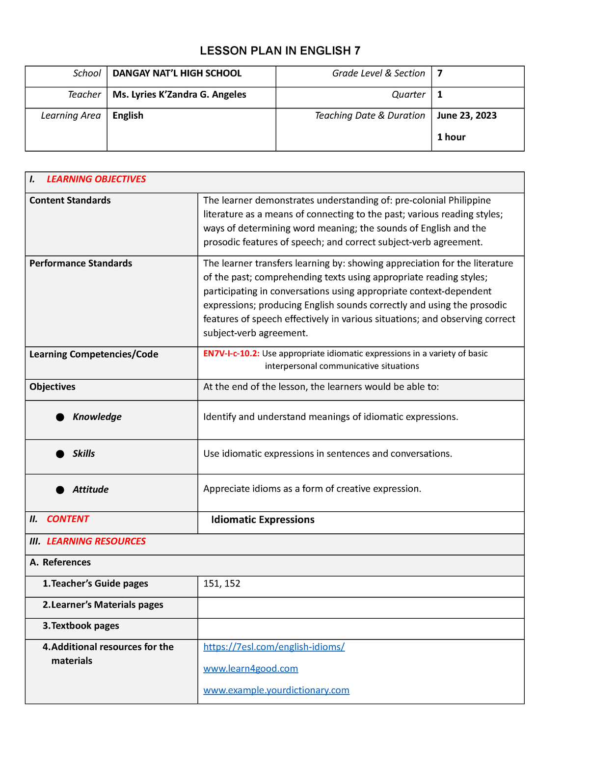 Idiomatic Expressions Lesson Plan ( Angeles) - BS Secondary Education ...