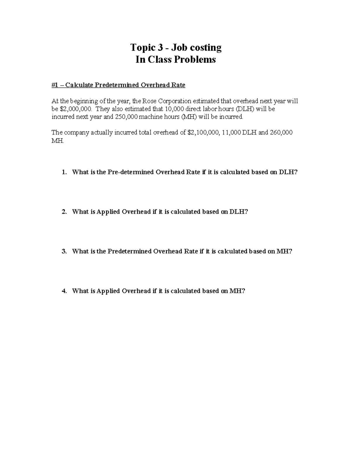 Topic 3 job costing in class problems topic 3 job costing in