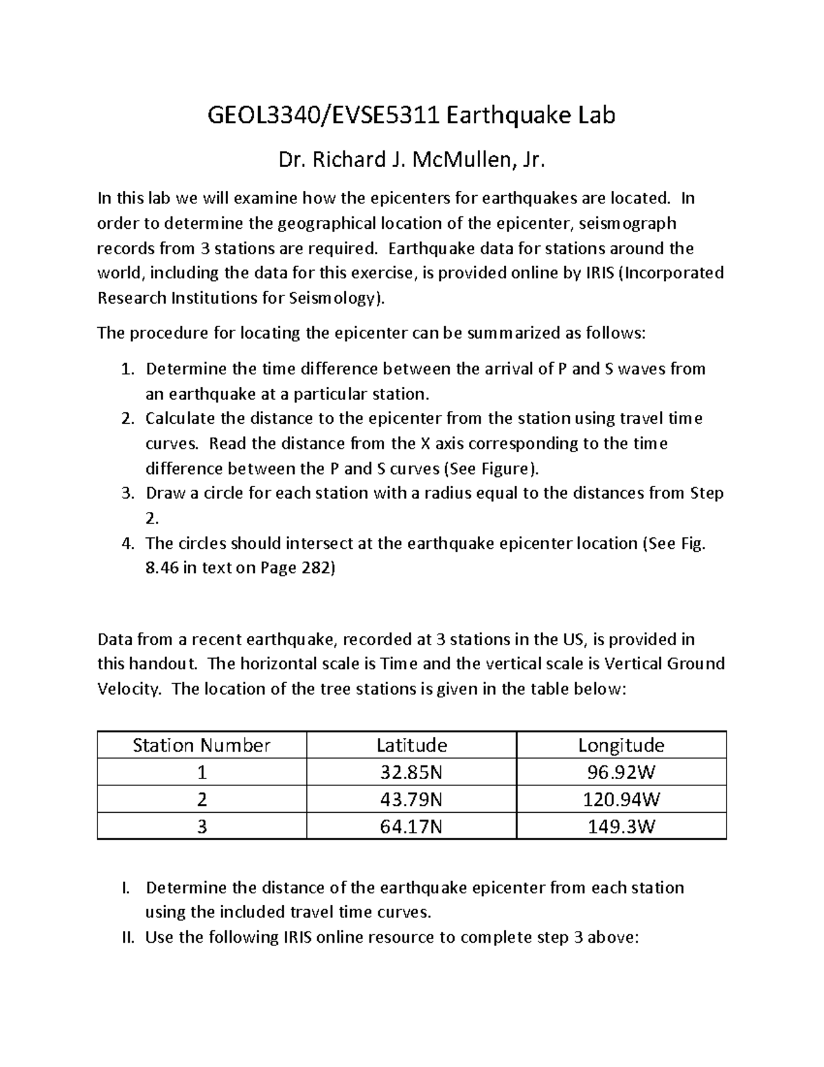 Earthquake Exercise II - GEOL3340/EVSE5311 Earthquake Lab Dr. Richard J ...