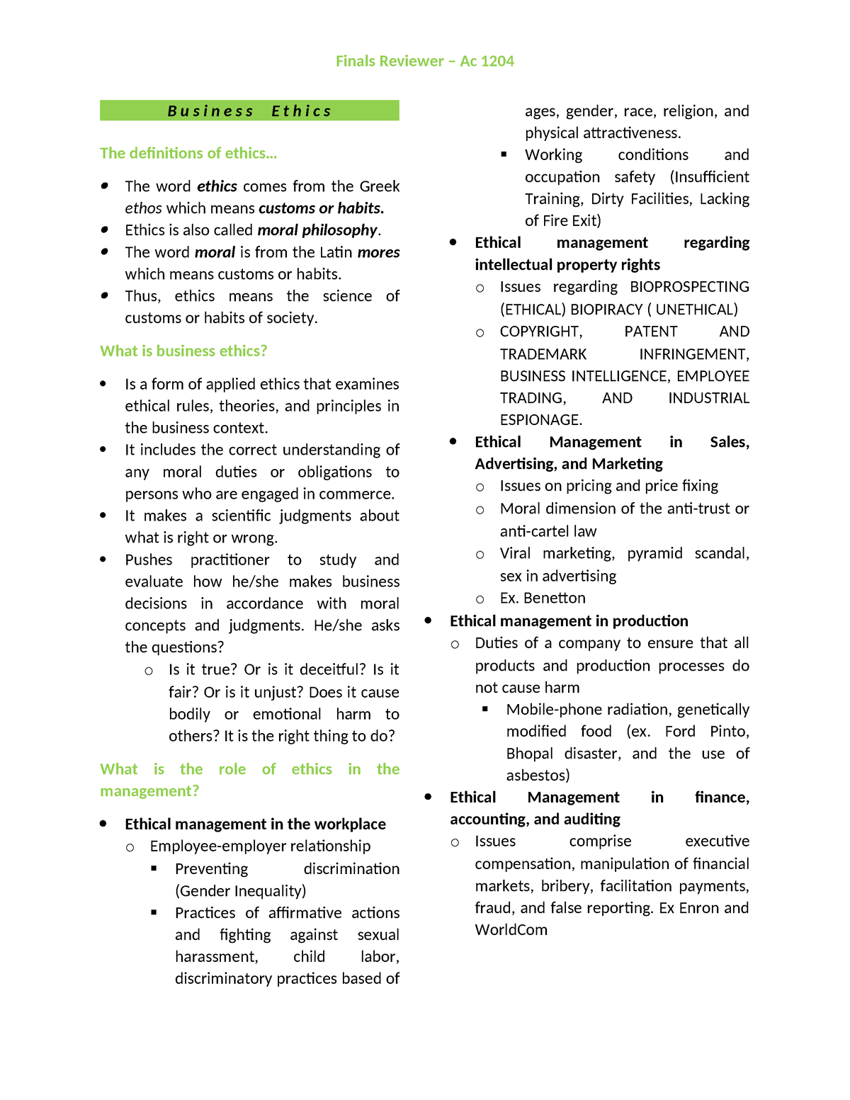 Business Ethics - B U S I N E S S E T H I C S The Definitions Of Ethics ...