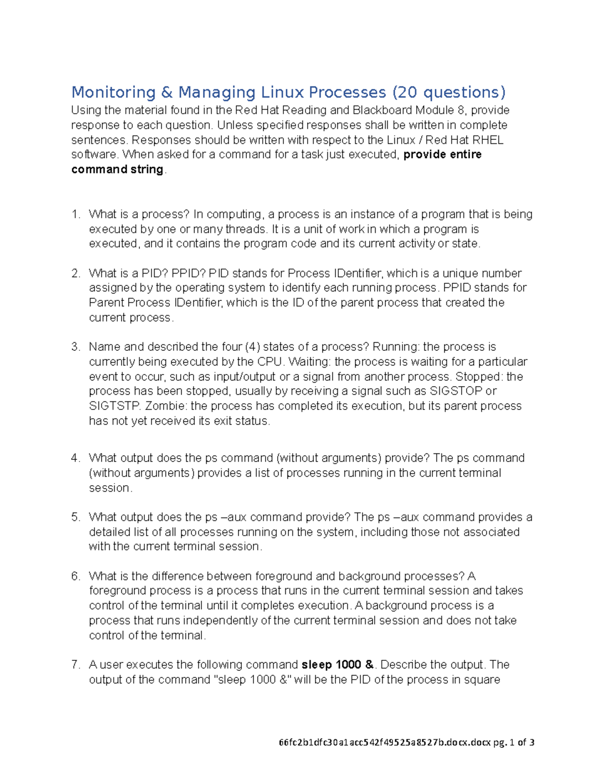 Review Questionsss - RHEL - Monitoring &amp; Managing Linux Processes (20  questions) Using the - Studocu
