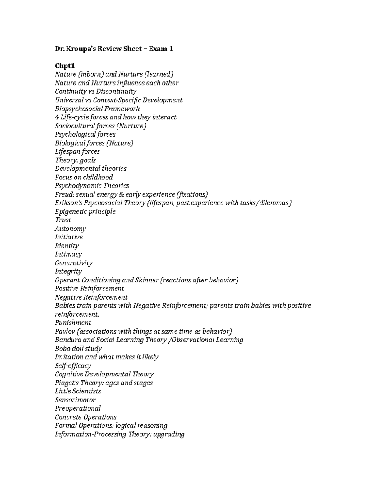 Review Sheet Exam 1 - Kroupa's study material unit 1 - Dr. Kroupa’s ...