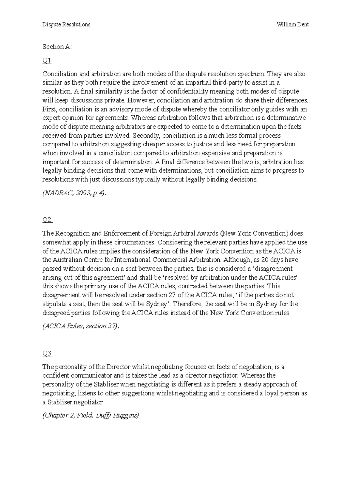 Exam DR Will Dent - exam notes - Section A: Q Conciliation and ...