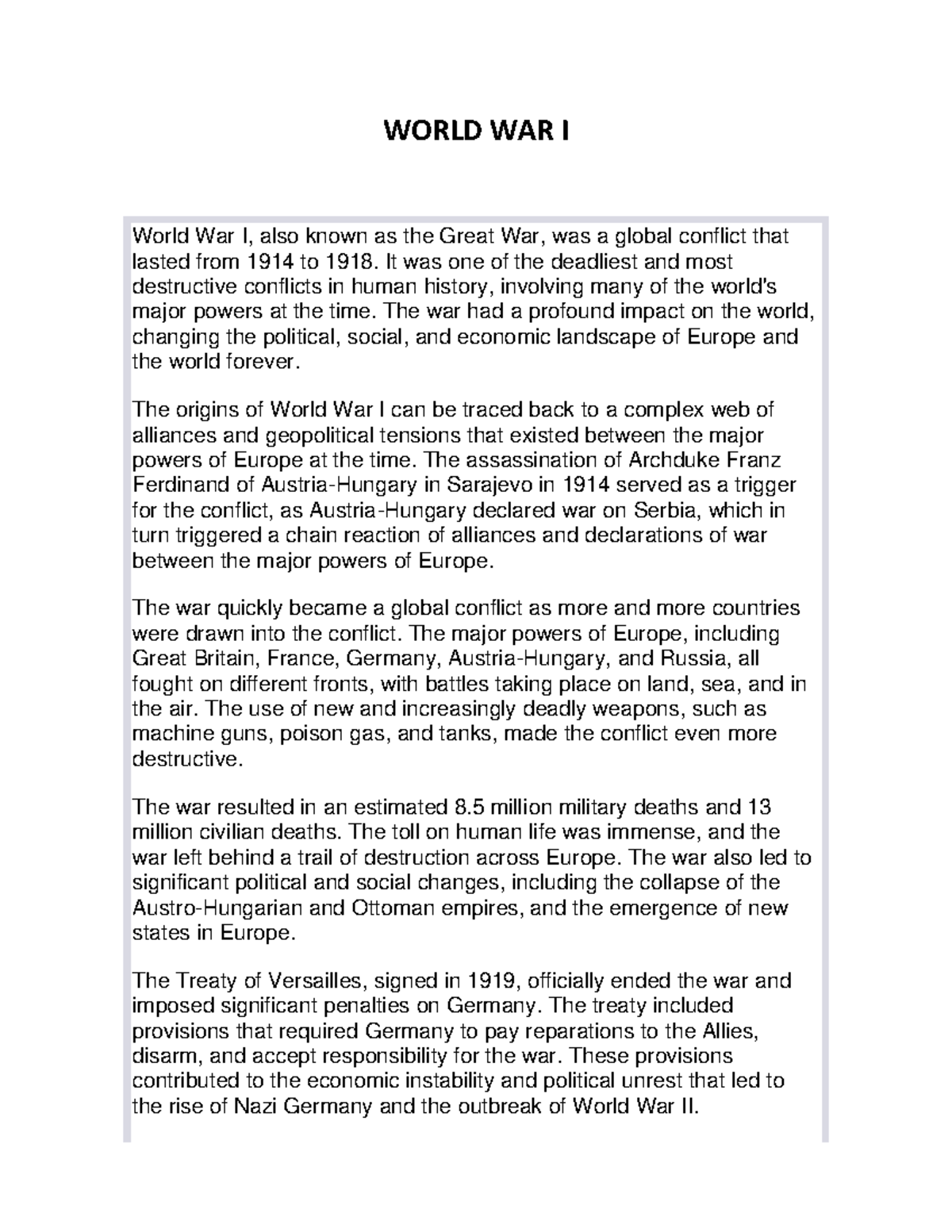 World War I - WORLD WAR I World War I, also known as the Great War, was ...
