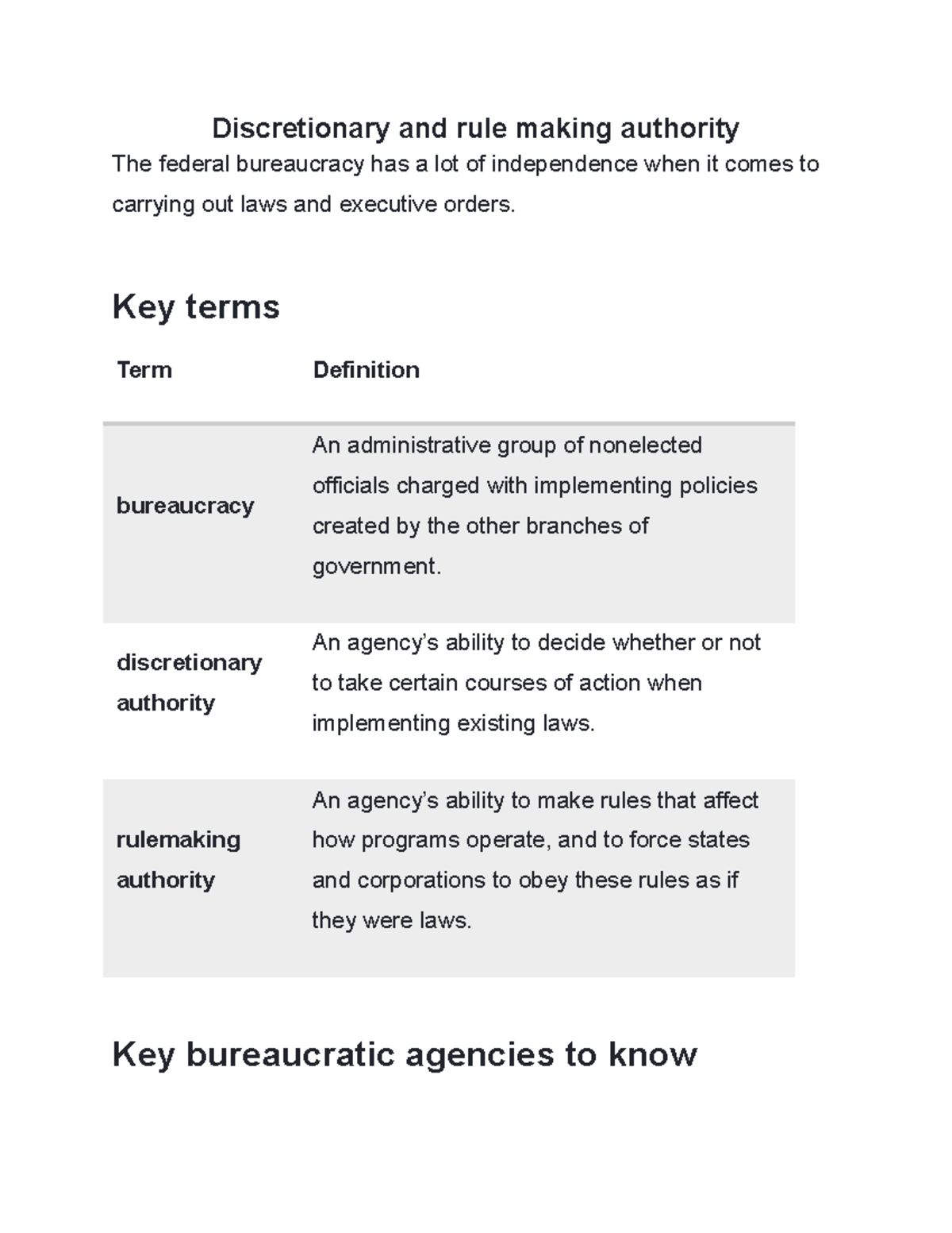 Discretionary and rule making authority Key terms Term Definition