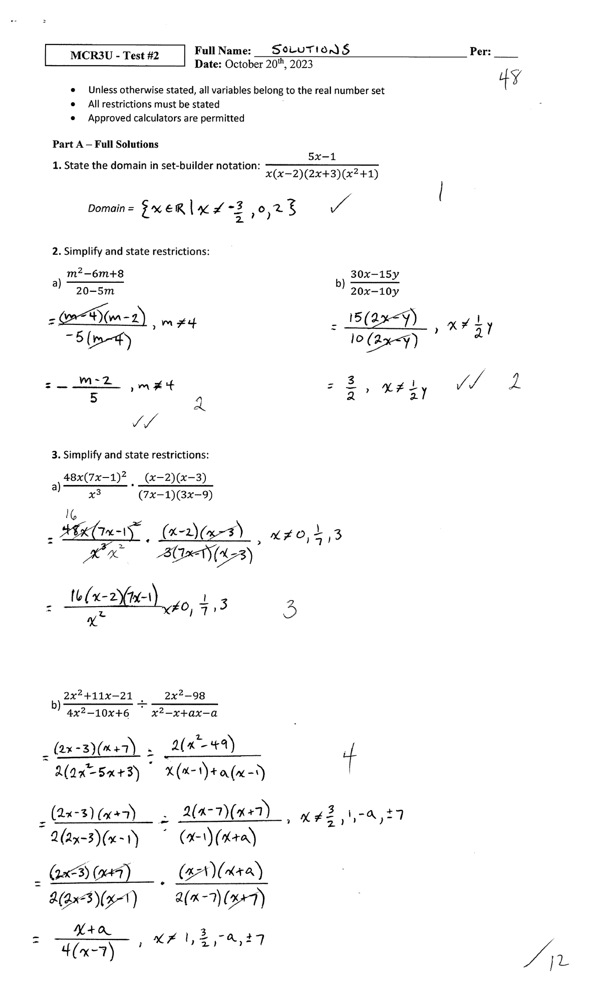 Test 2 Solutions Rational Expressions 2023 MCR3U - Studocu