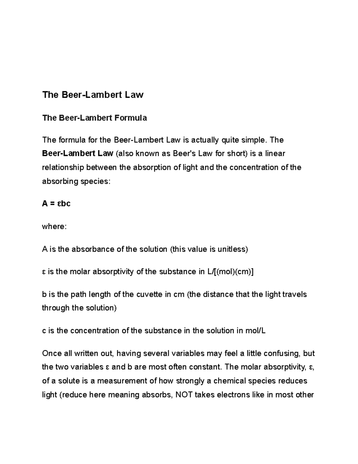 Unit 3 Beer-Lambert Law - The Beer-Lambert Law The Beer-Lambert Formula ...