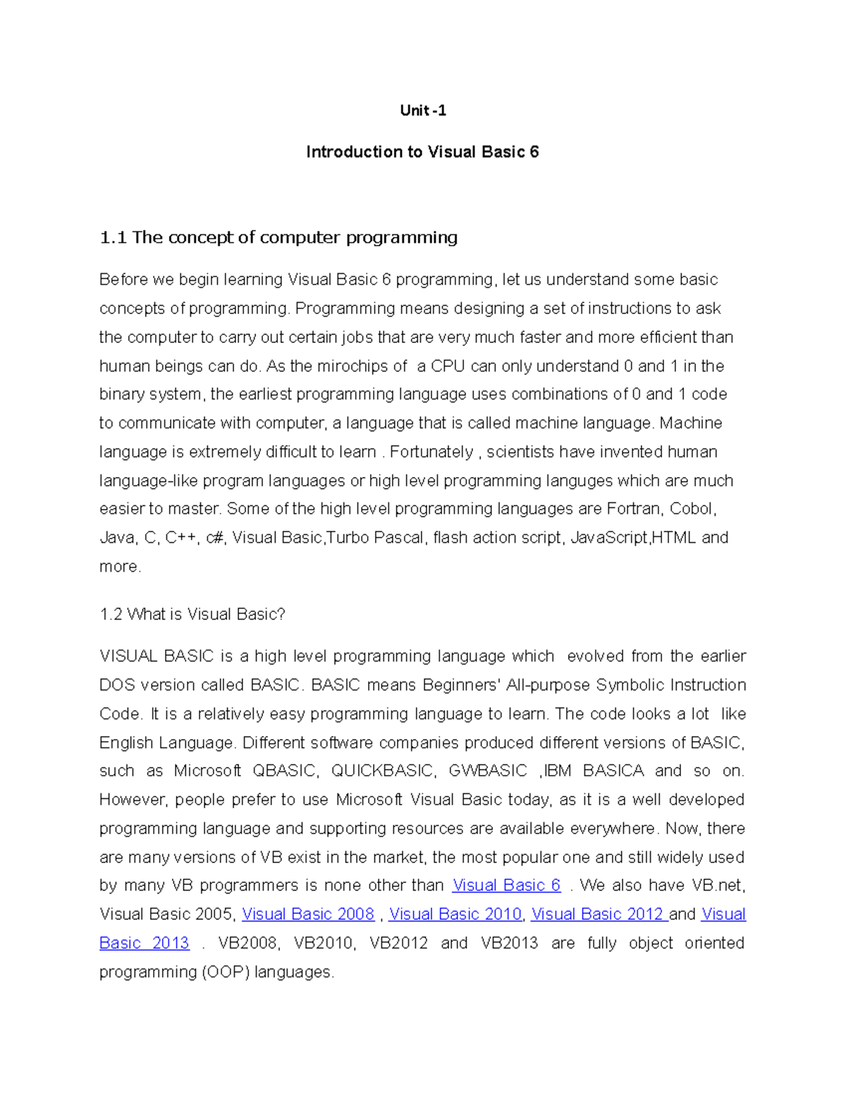 Vb1222 - Visual basic - Unit - Introduction to Visual Basic 6 1 The ...