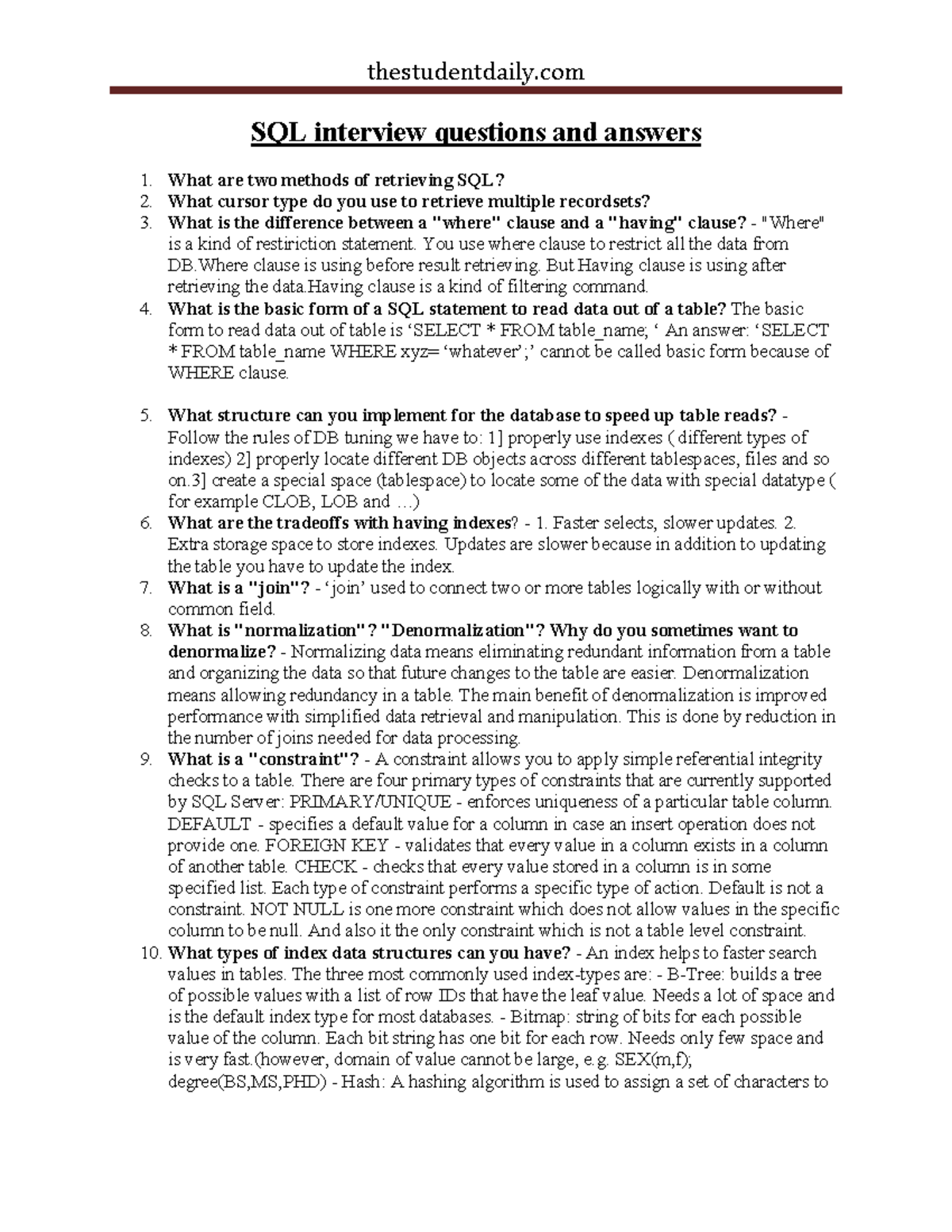 SQL interview questions and answers - thestudentdaily - Studocu