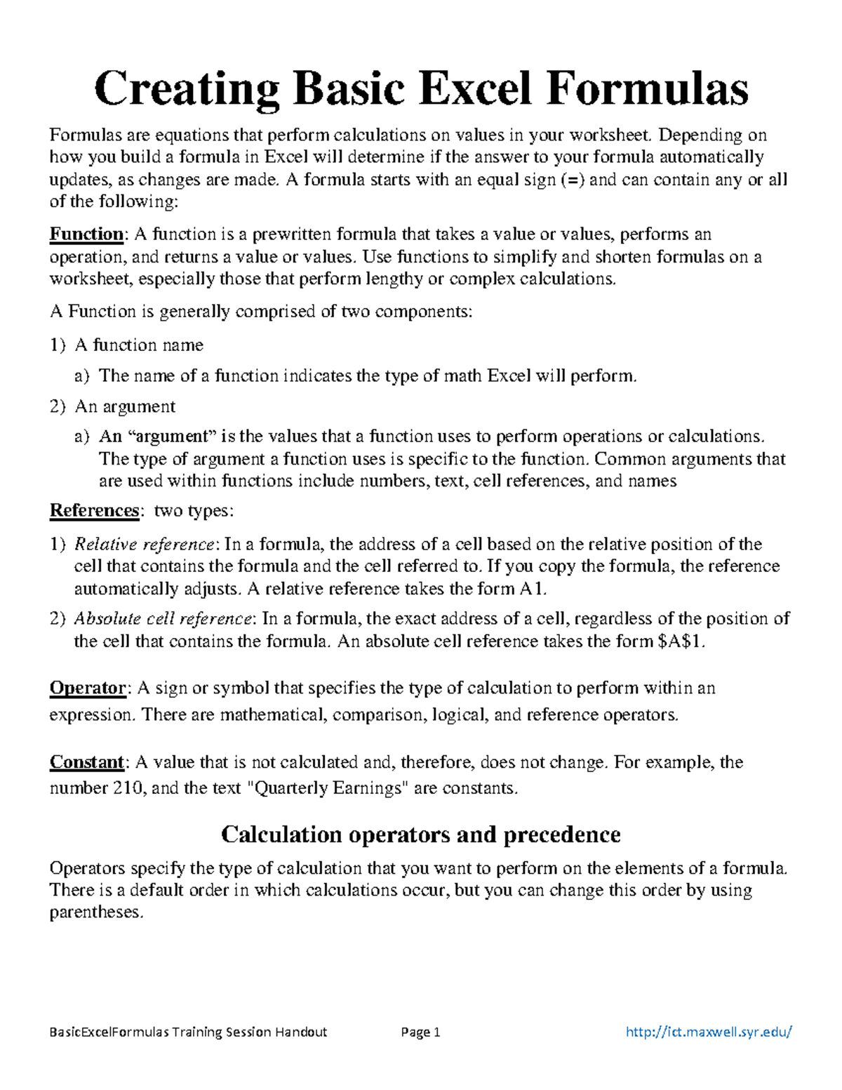 excel sheet formulaes - Creating Basic Excel Formulas Formulas are ...