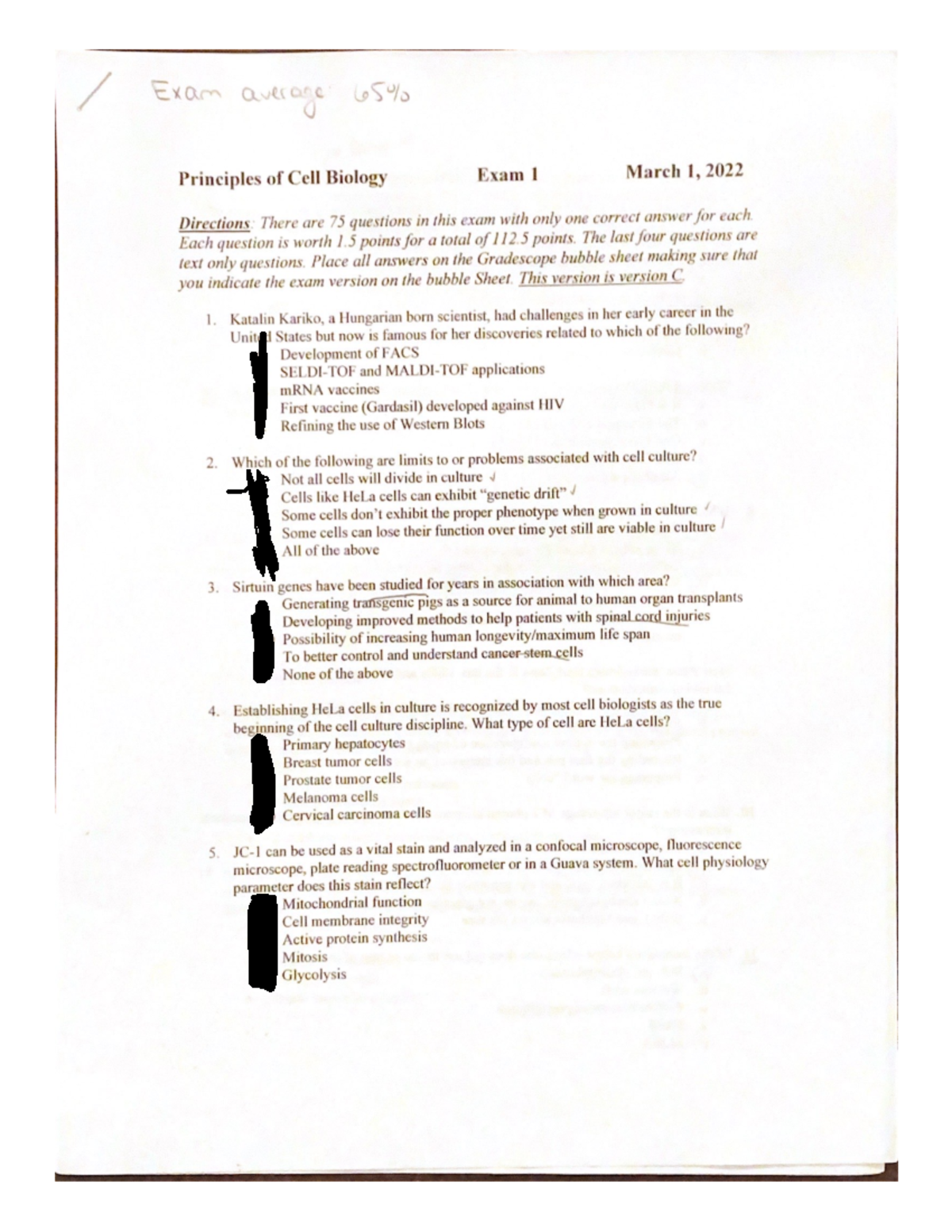 Biol311 Exam 1 Spring 2022 - Exam average Principles of Cell Biology ...