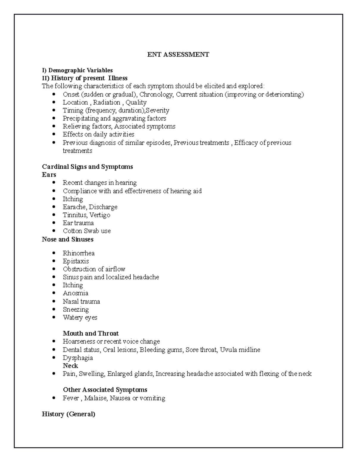 ENT Assessment - ENT ASSESSMENT I) Demographic Variables II) History of ...