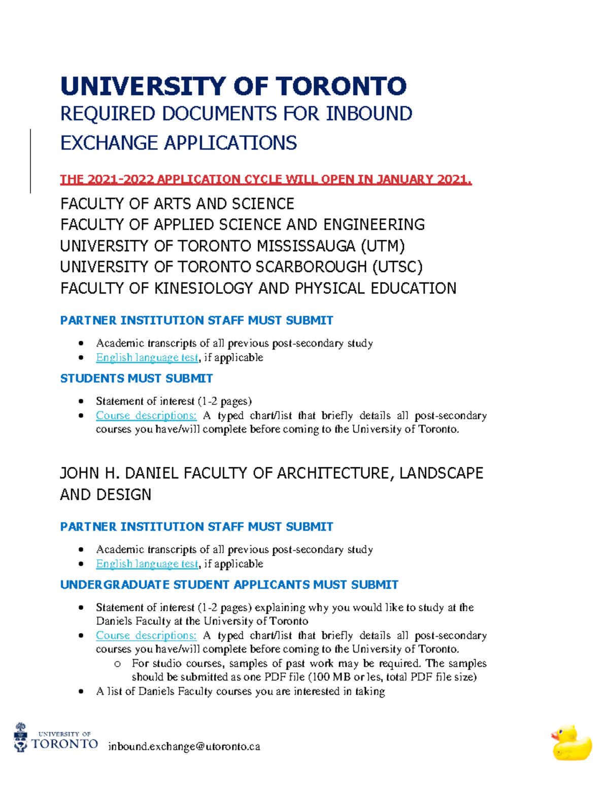 University of Toronto Required Documents for 2021-2022 exchange ...