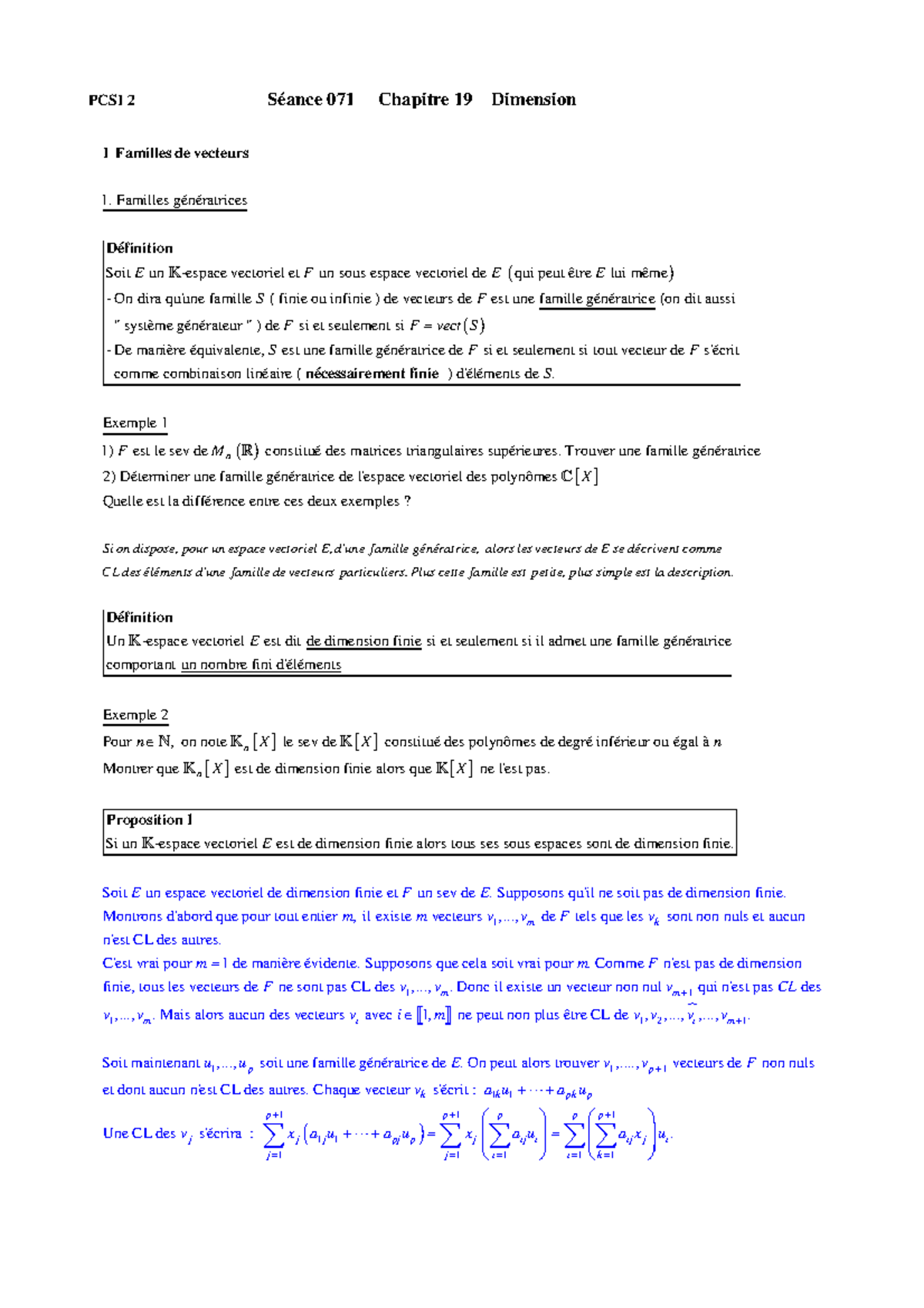 Dimension/Familles de vecteurs - ( ) 1. Familles génératrices Soit un ...