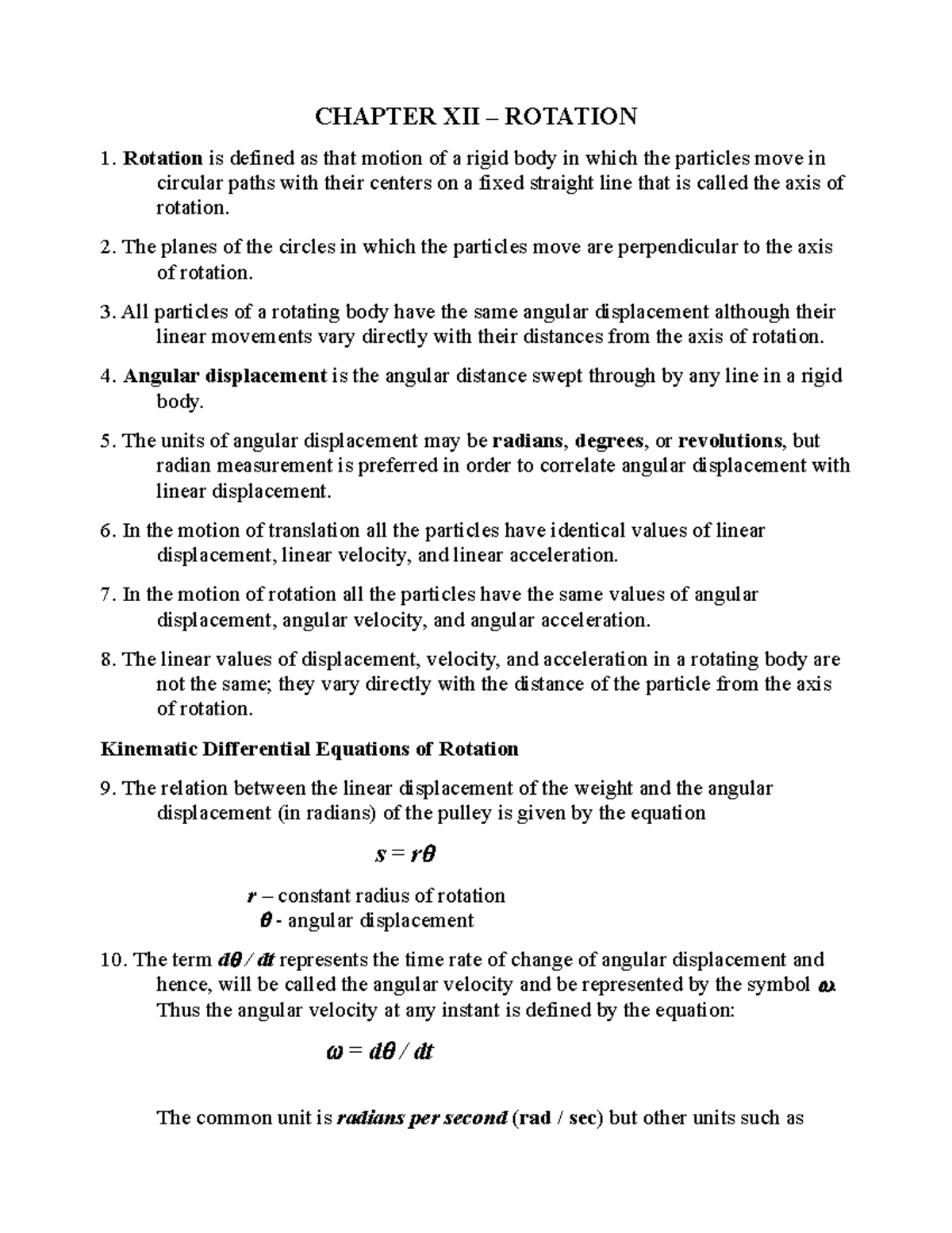 4- Chapter XII - Rotation - CHAPTER XII – ROTATION Rotation is defined ...