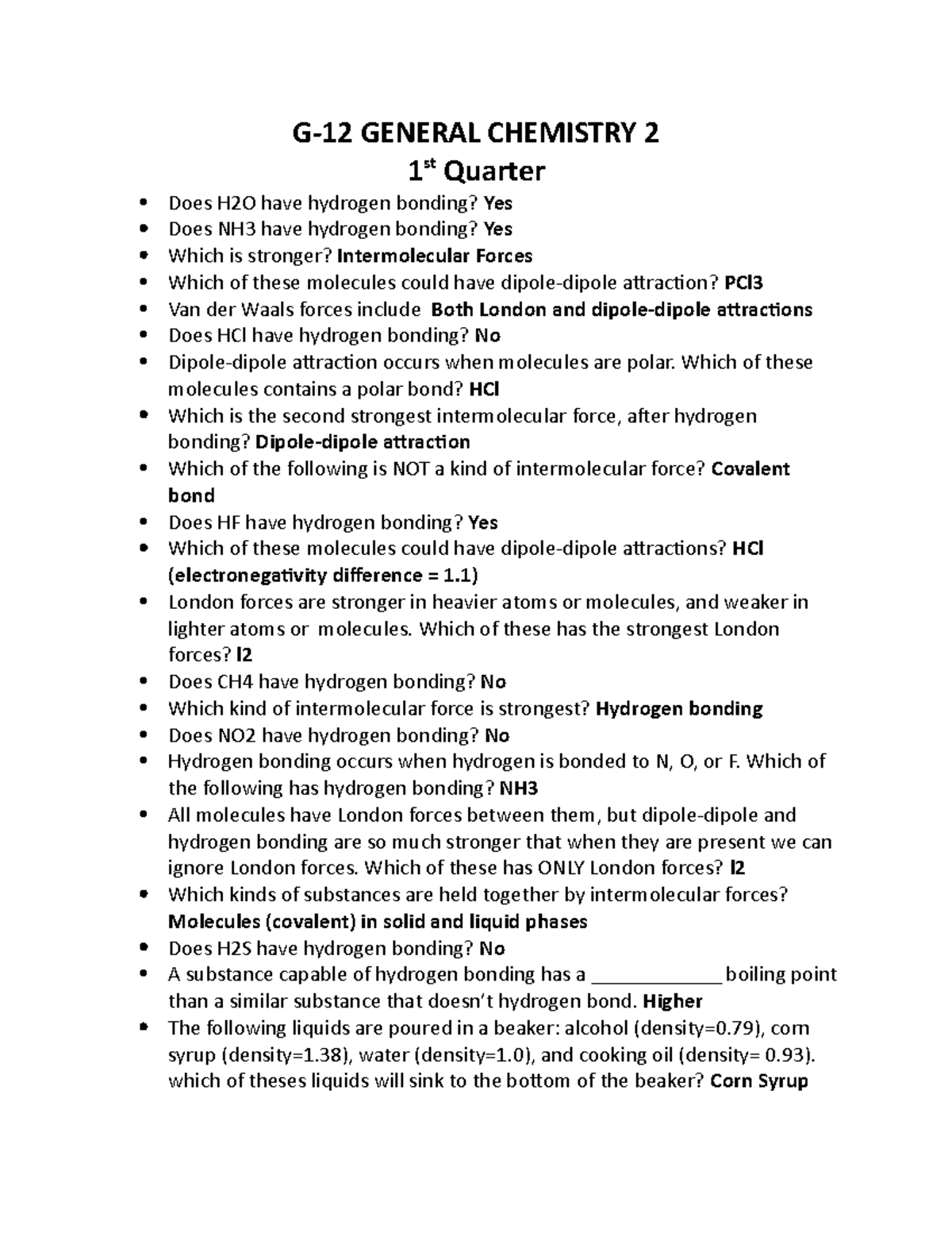 General Chemistry 2 Q1 Answer keys G12 GENERAL CHEMISTRY 2 1 st Quarter Does H2O have