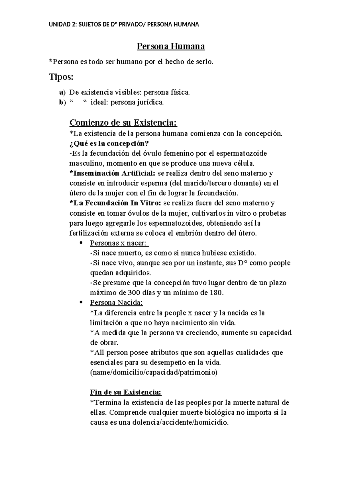 Apuntes Depun FCE Unidad 2 - Persona Humana *Persona es todo ser humano ...