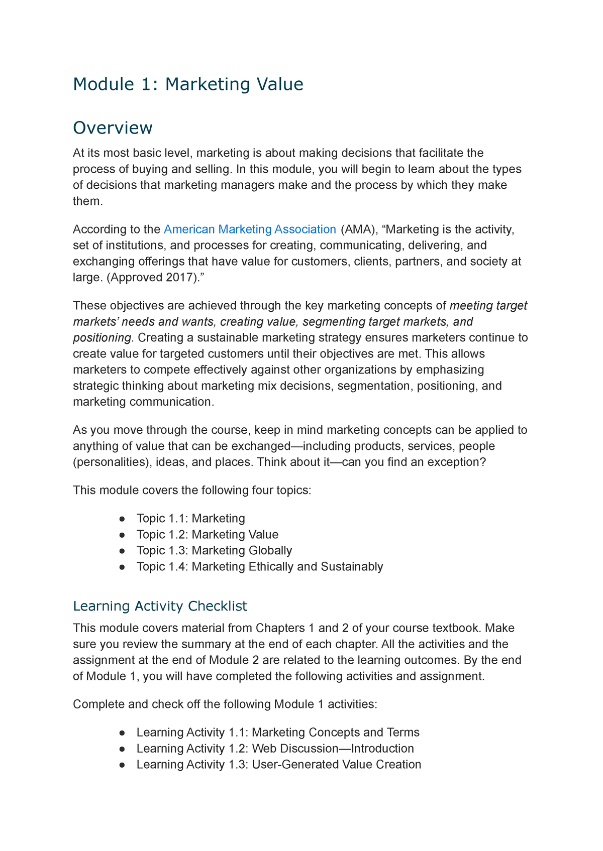 Module 1 - Lecture Notes - Module 1: Marketing Value Overview At Its ...