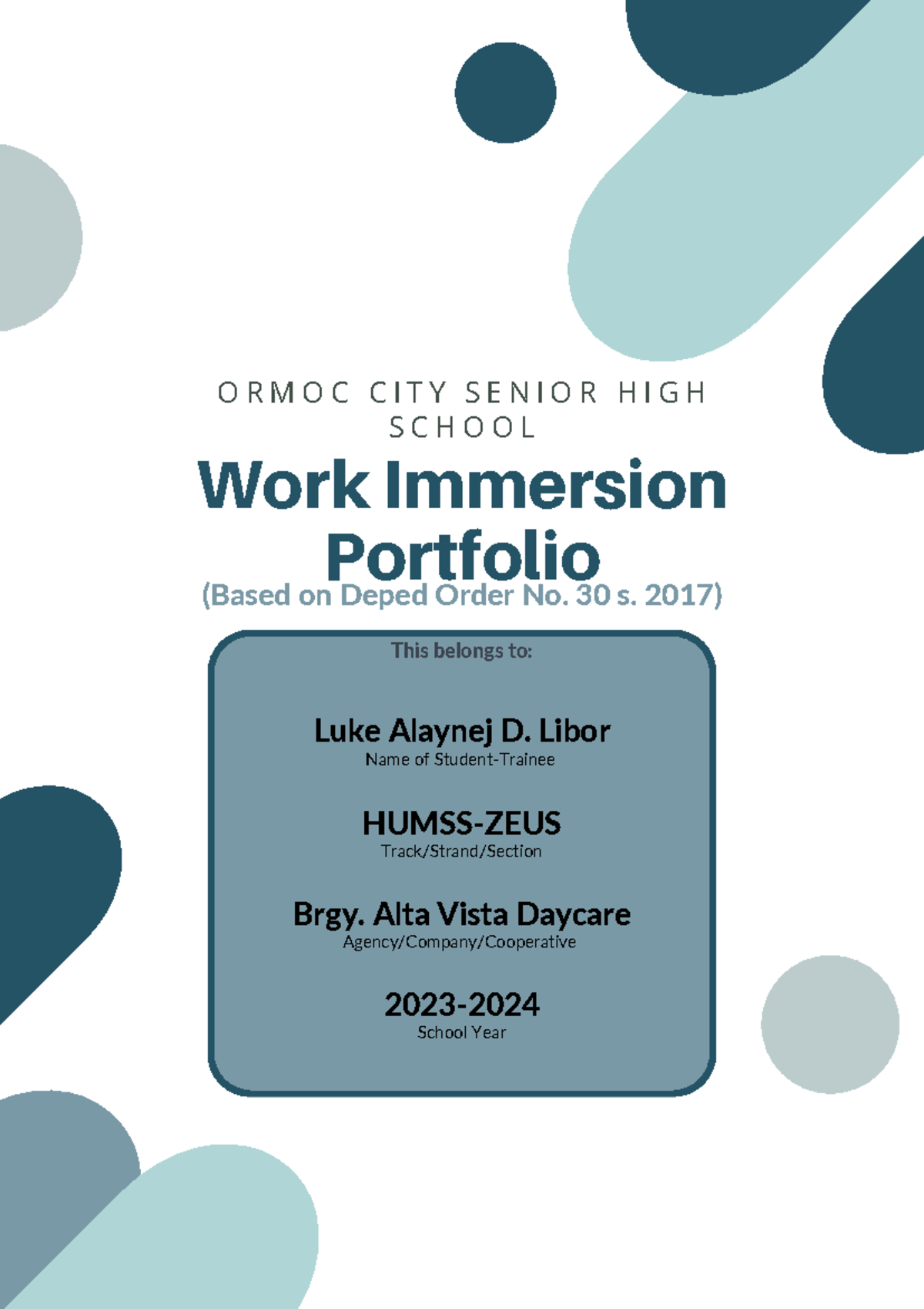 Cover Page Of Activity - Work Immersion - O R M O C C I T Y S E N I O R ...