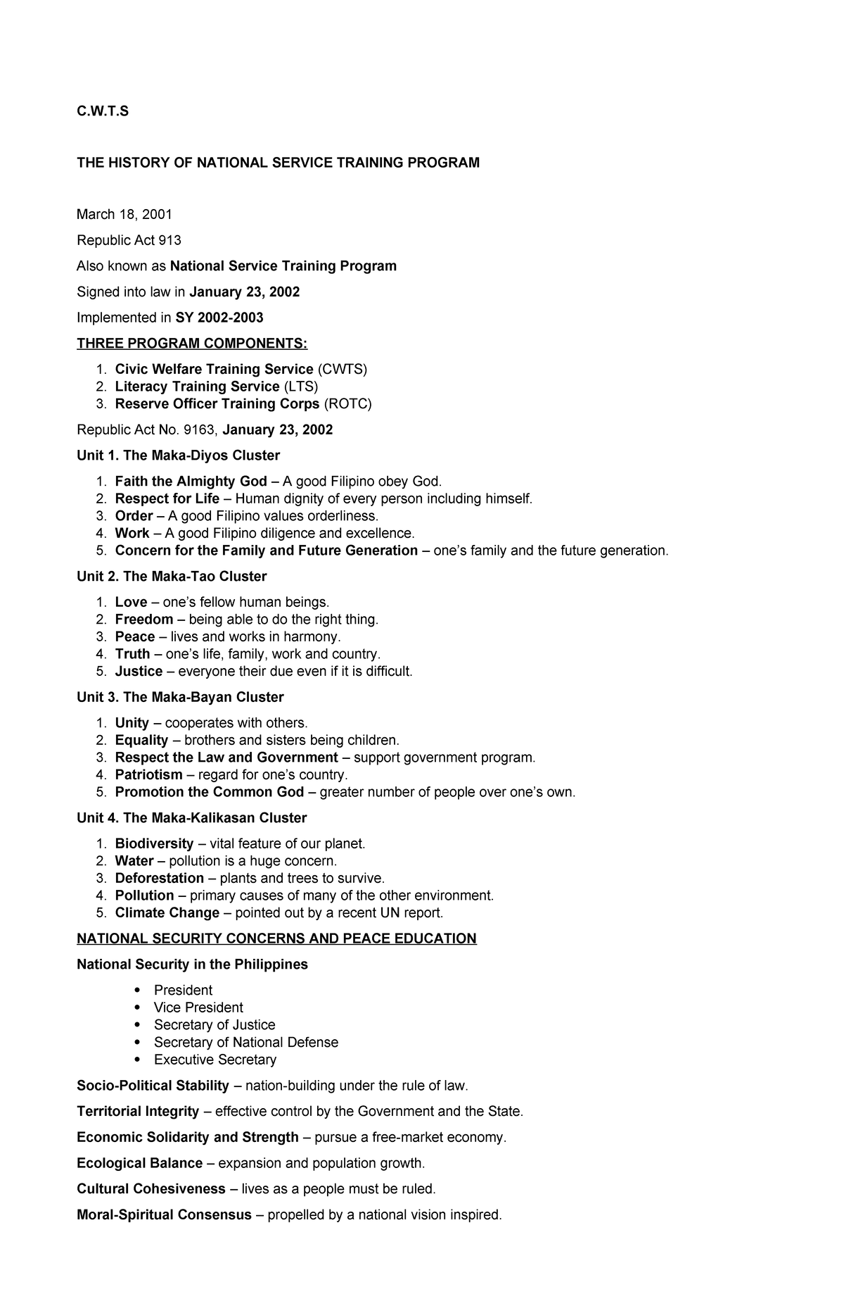 CWTS - Assessment - C.W.T THE HISTORY OF NATIONAL SERVICE TRAINING ...