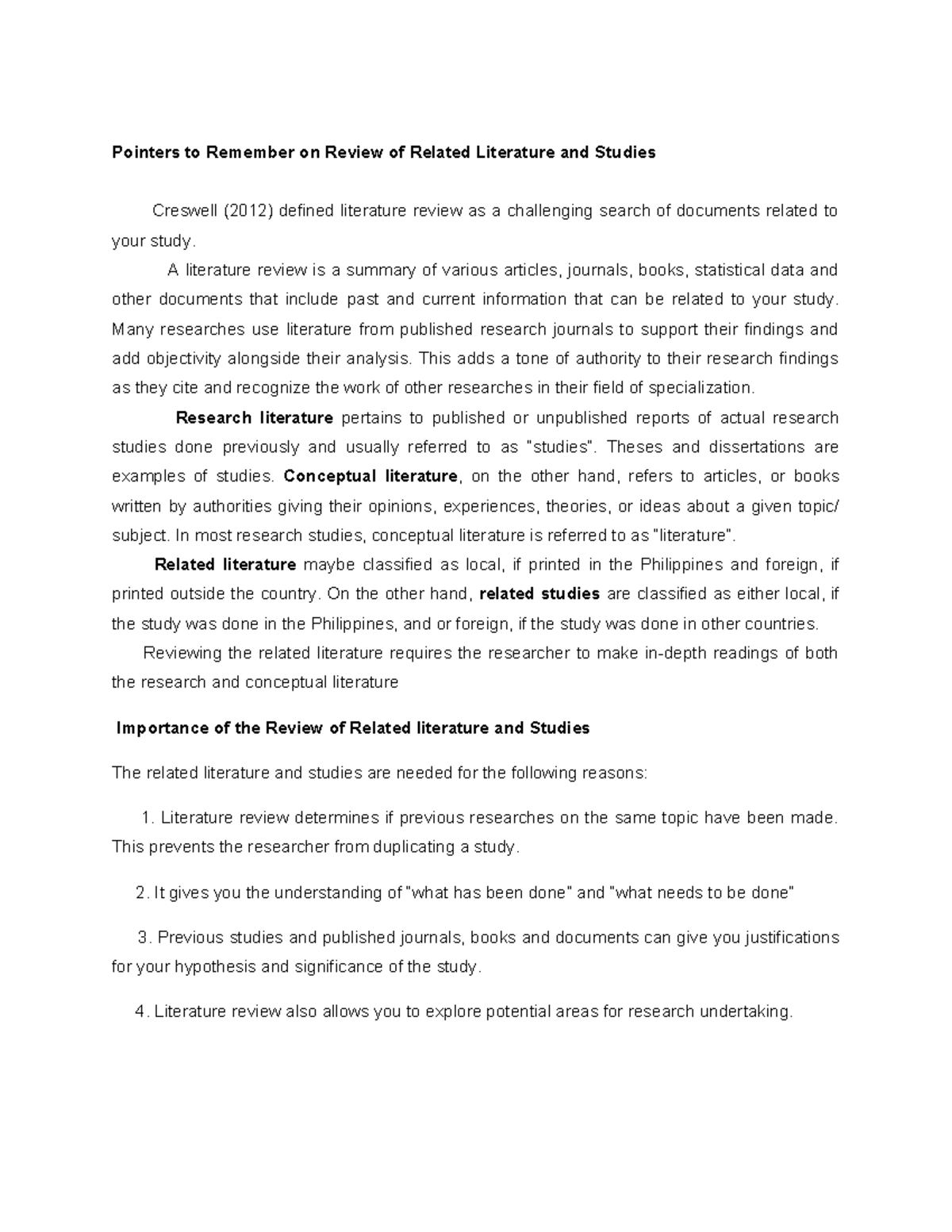 Pointers to Remember on Review of Related Literature and Studies - A ...