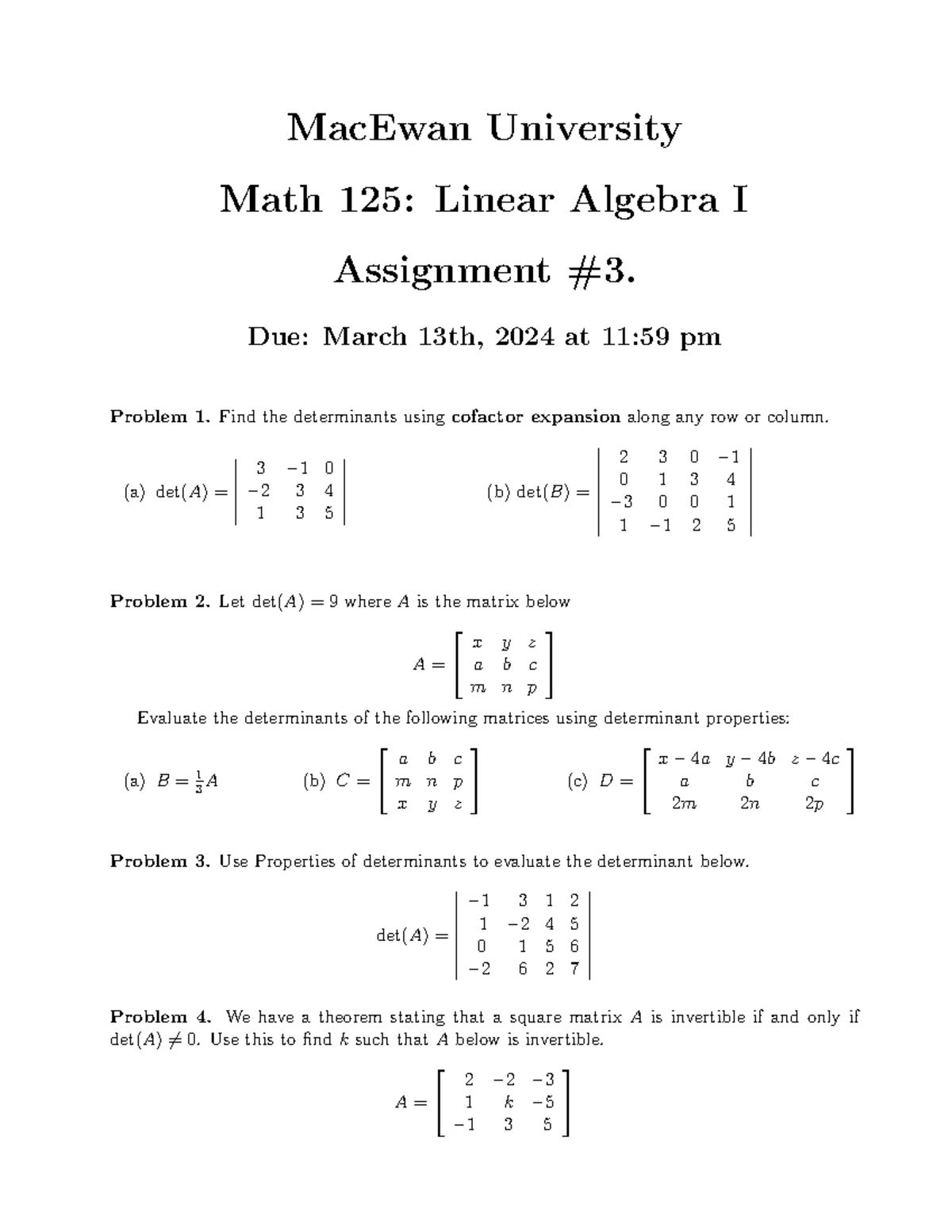 Math125-A3 - assignment questions - MacEwan University Math 125: Linear ...