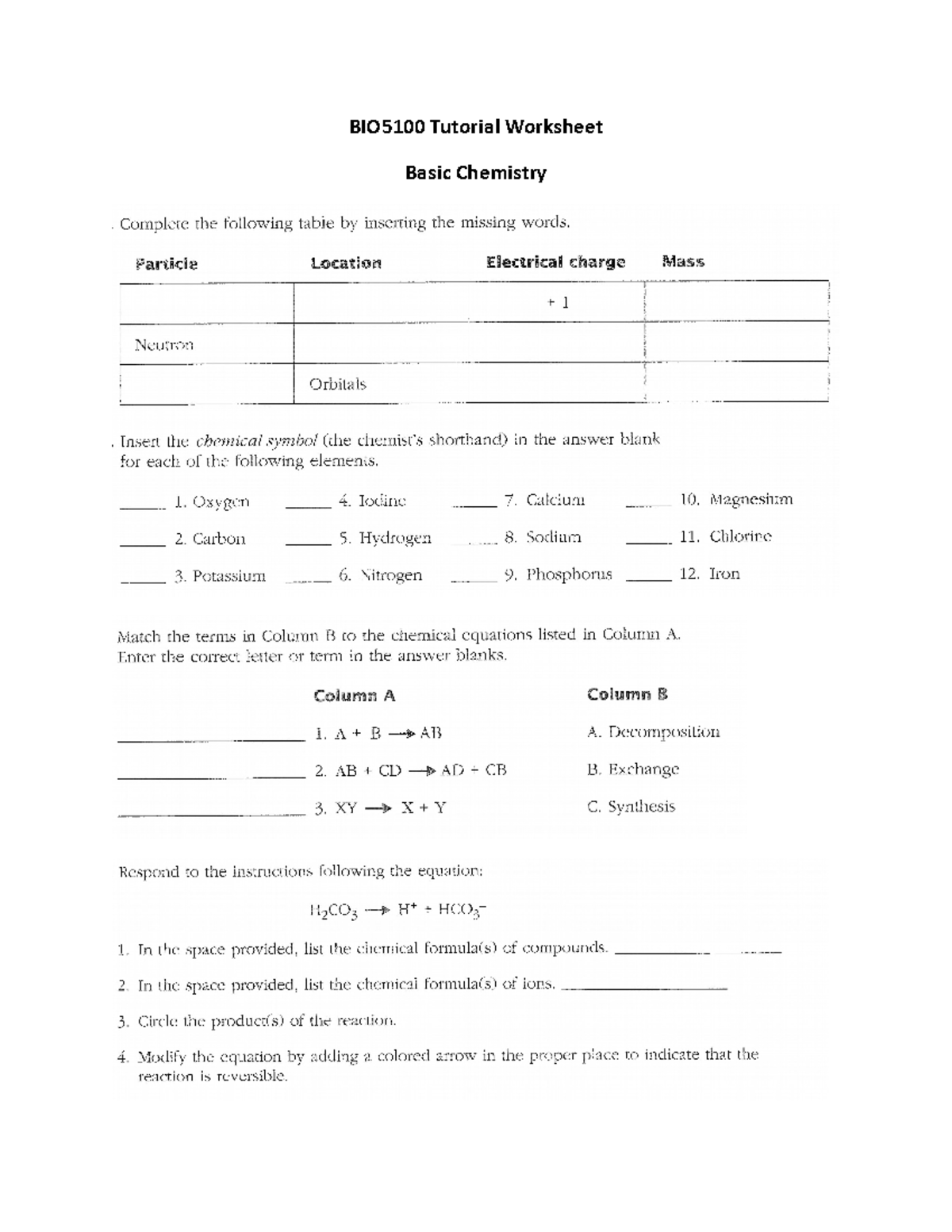 Worksheets - Basic Chemistry - ANP1105 - BIO5100 Tutorial Worksheet ...