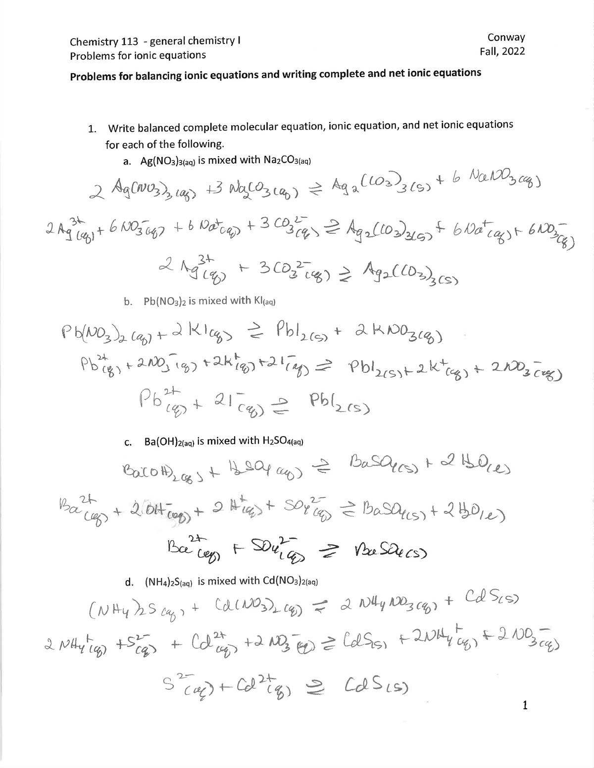 Answers writring and balancing ionic eqns - CHEMT-111 - Studocu