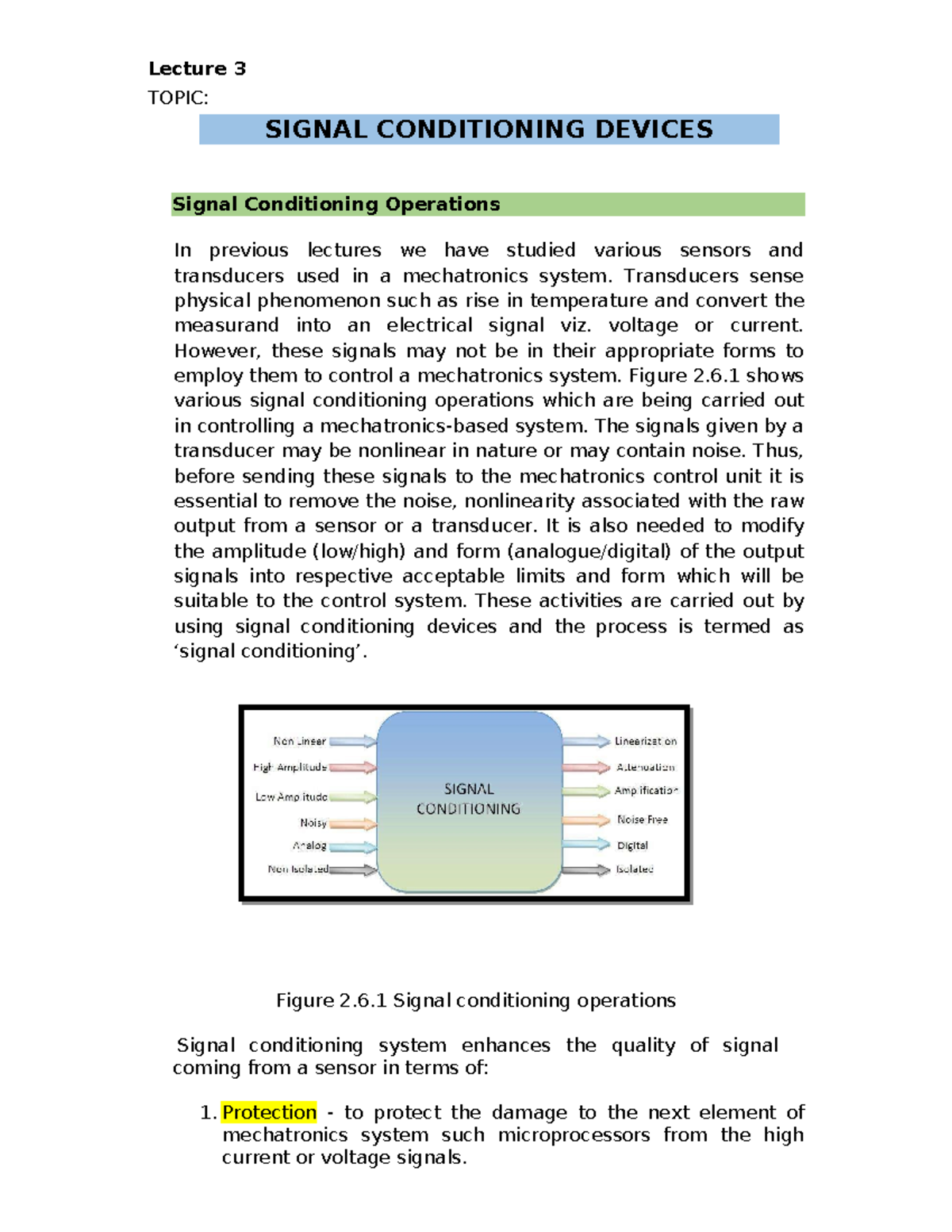 Sensors and Actuators Lecture 3 Lecture 3 TOPIC SIGNAL CONDITIONING