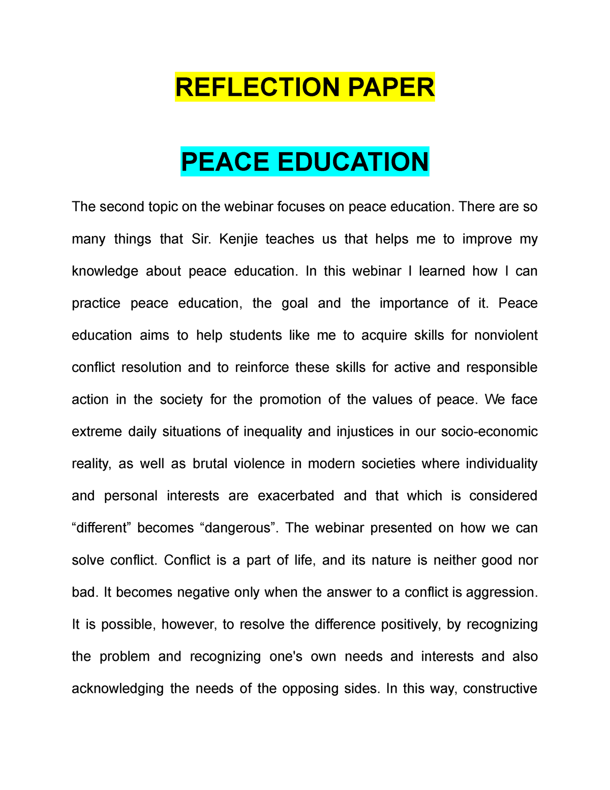 NSTP 4 - Reflection Paper - Peace Education - REFLECTION PAPER PEACE ...