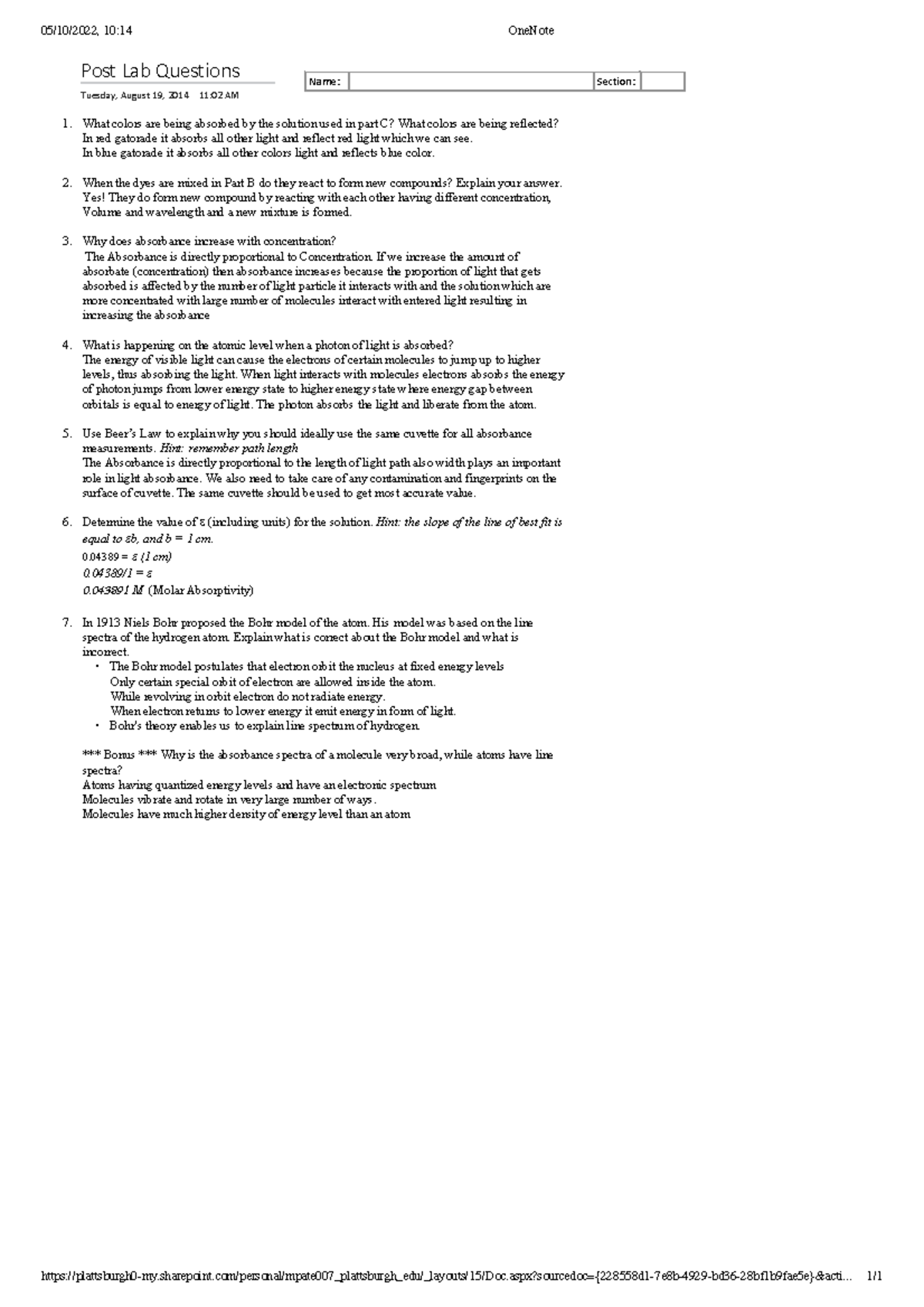 Spectroscopy PostLab Questions 05/10/2022, 1014 OneNote Studocu