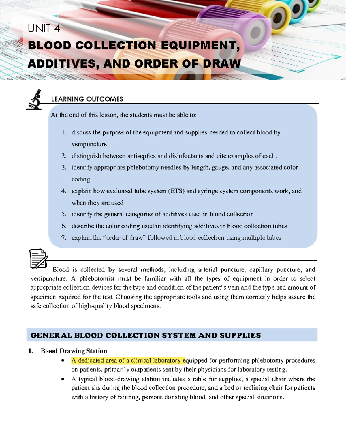 4 Blood Collection Equipment Additives and Order of Draw At the end