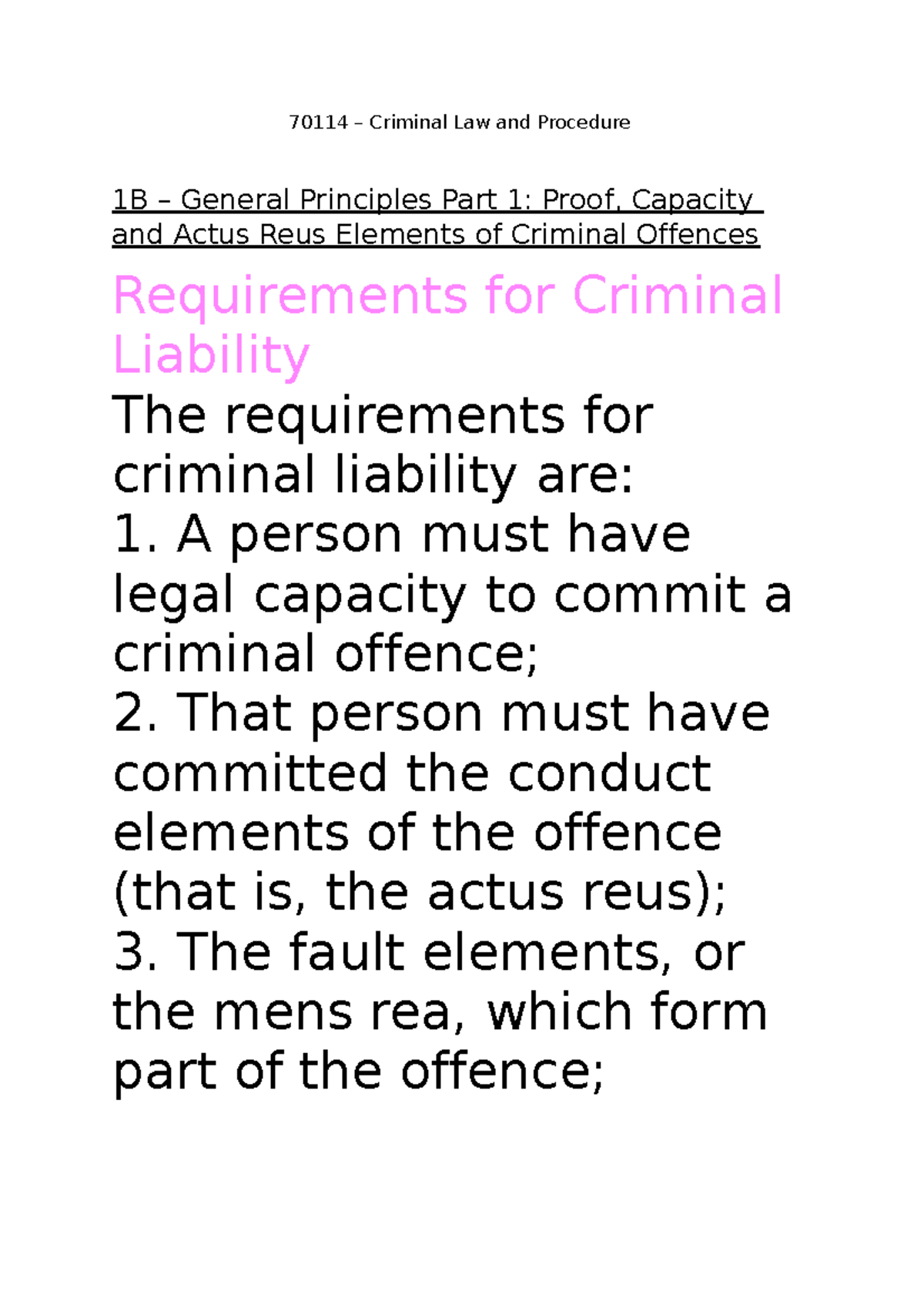 70114 - Exam Notes - 70114 – Criminal Law and Procedure 1B – General ...