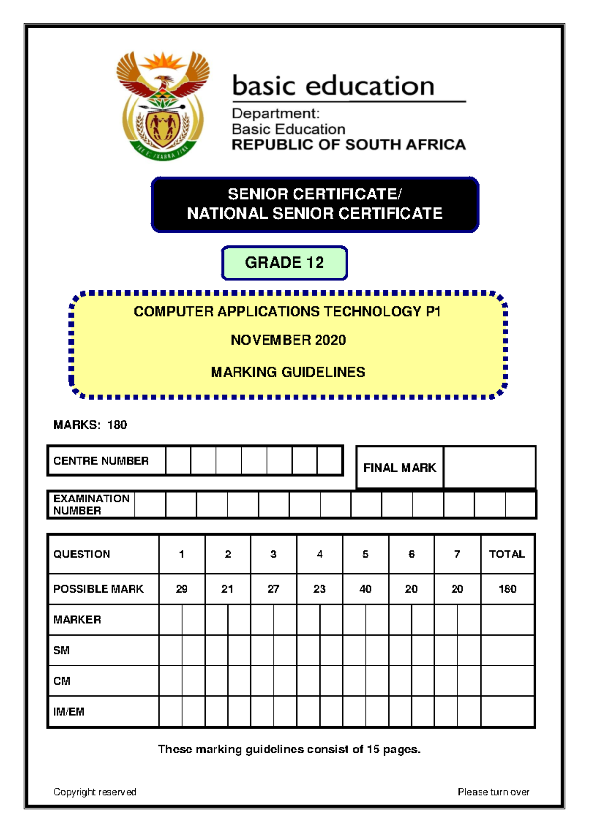 Computer Application Technology P1 Nov 2020 Memo Eng - MARKS: 180 ...