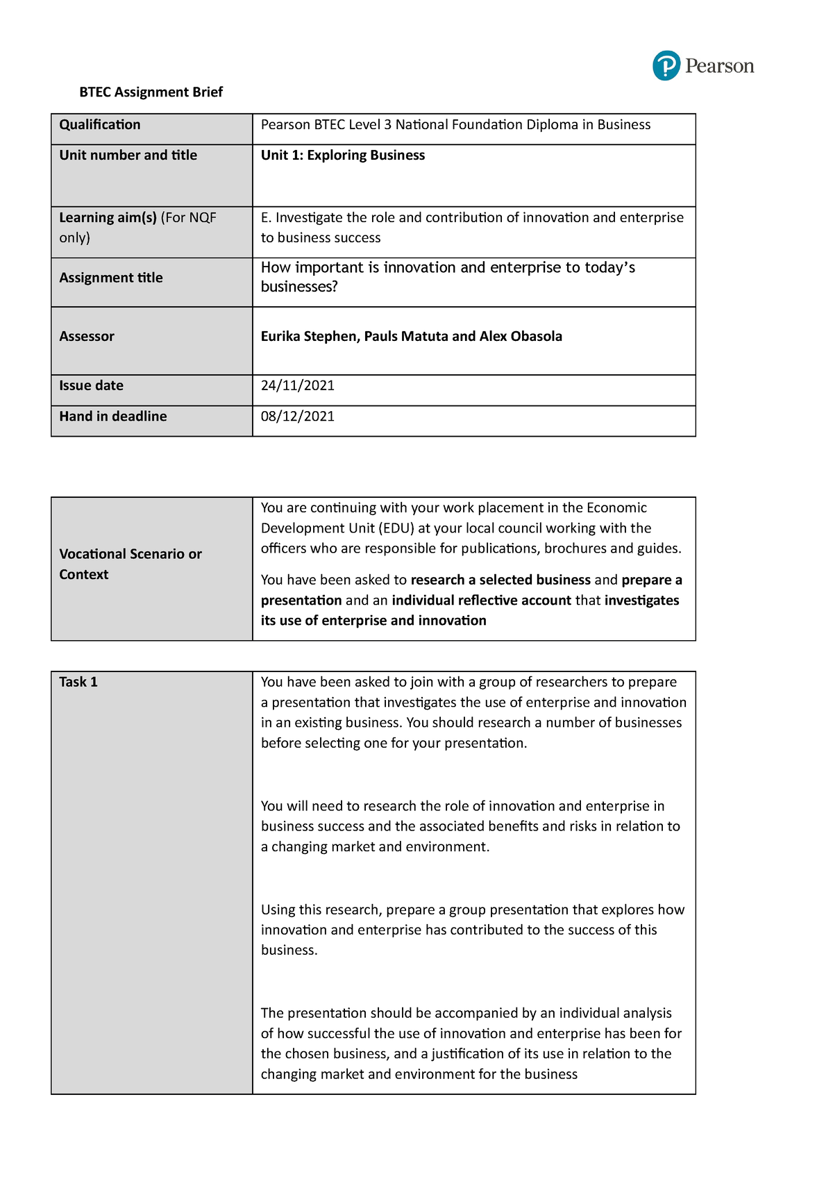 btec pearson set assignment
