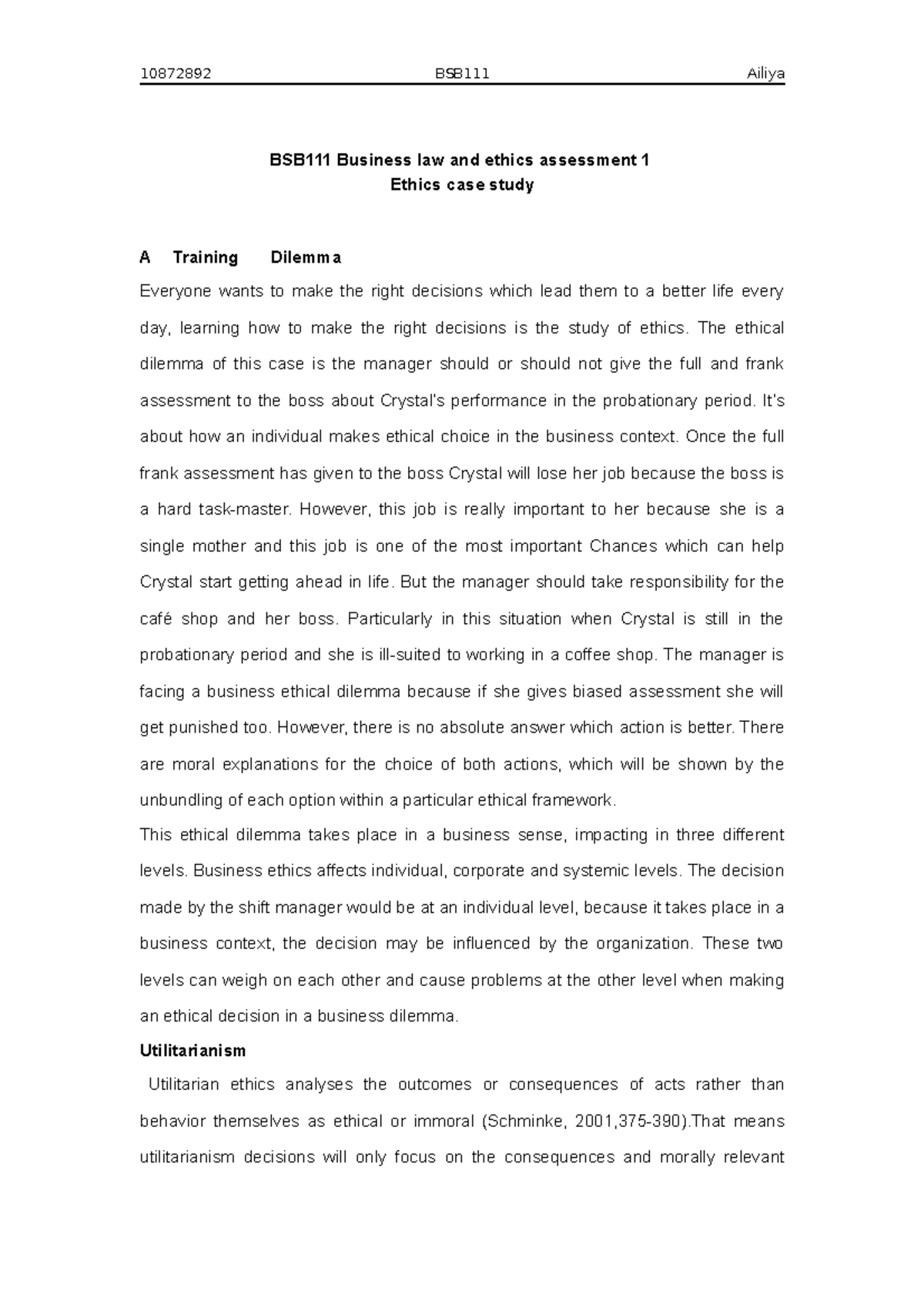 Bsb111 Ailiya 1 - Ethics case study - BSB111 Business law and ethics ...