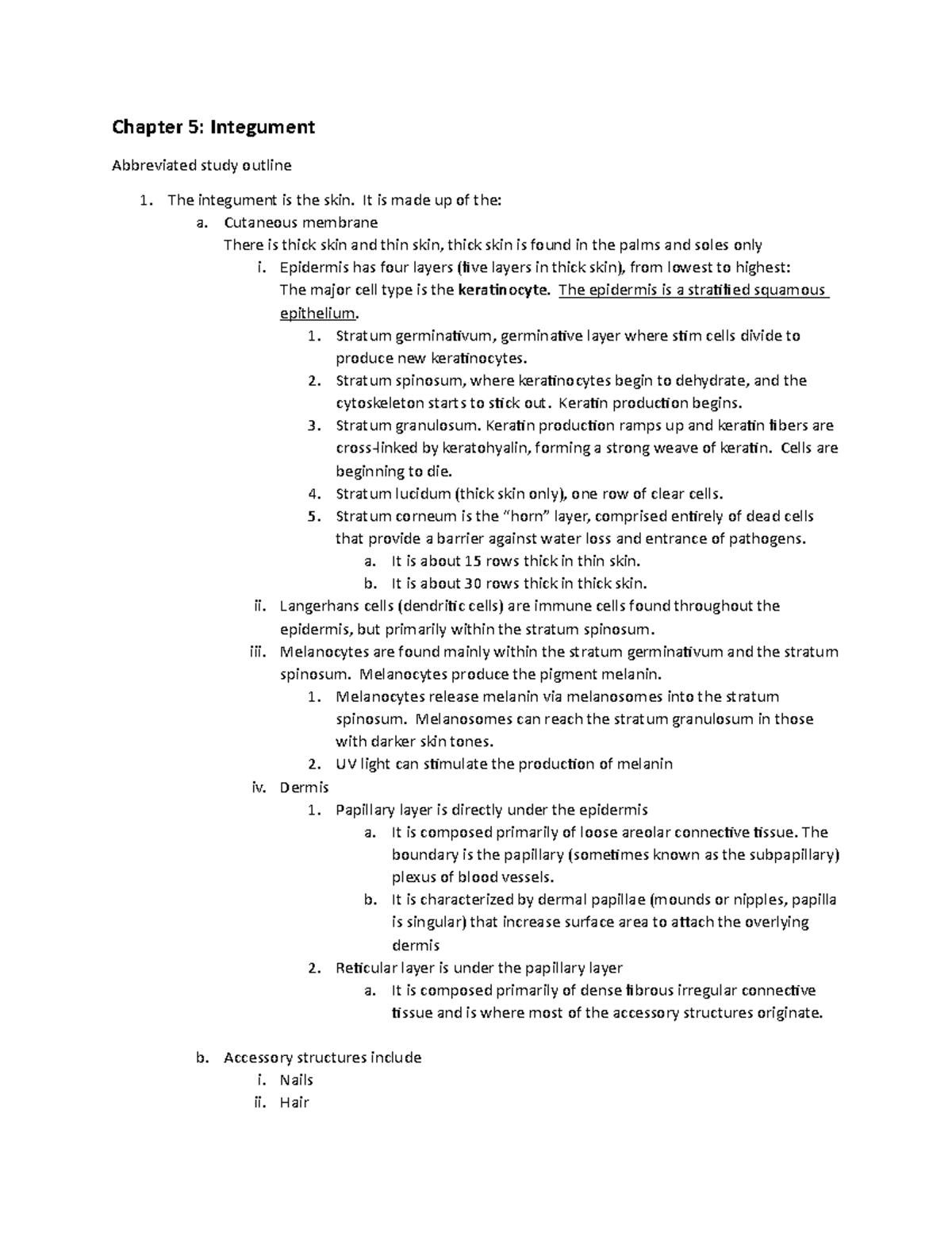 Study Outline Ch5 - chapter 5 - Chapter 5: Integument Abbreviated study ...