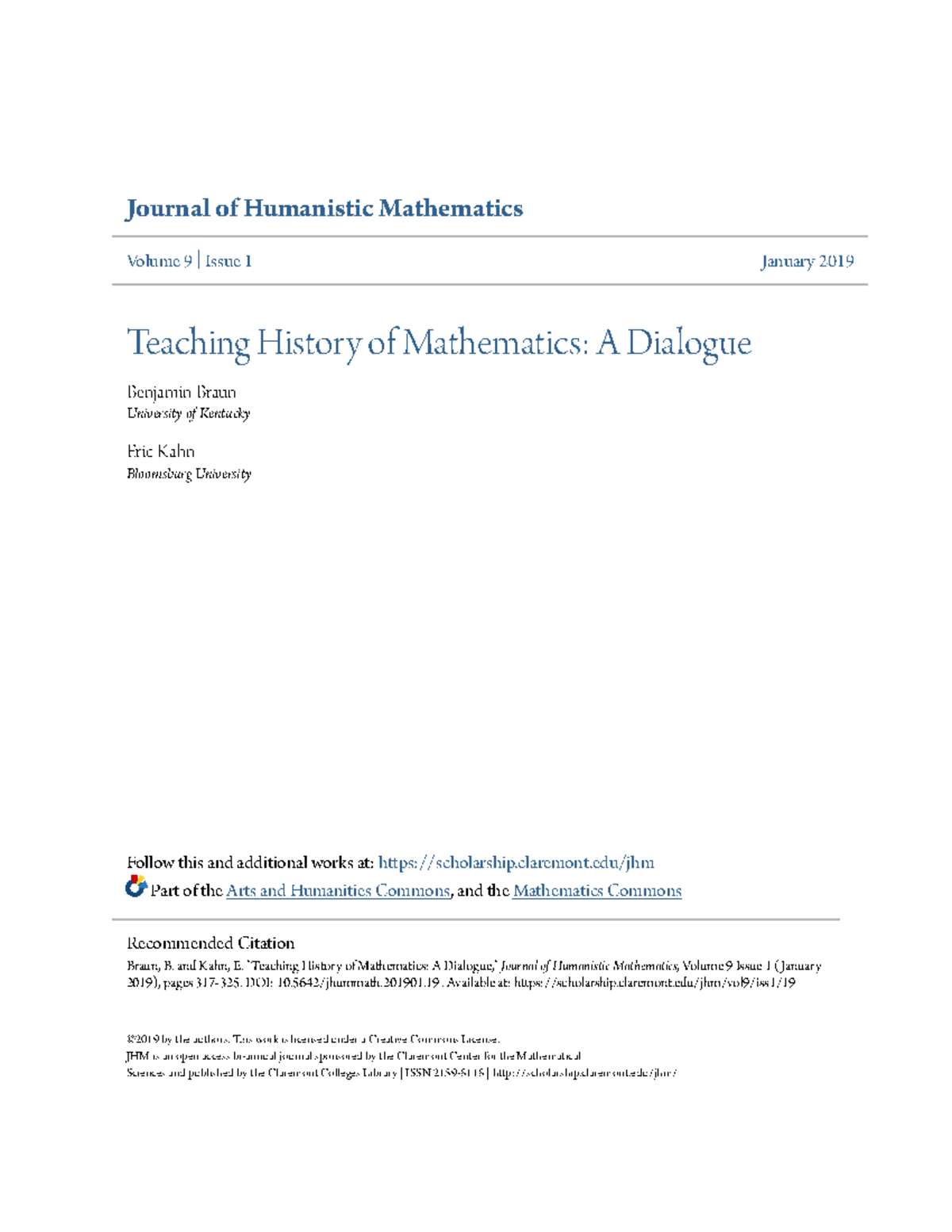 Teaching History of Mathematics A Dialogue - Journal of Humanistic ...