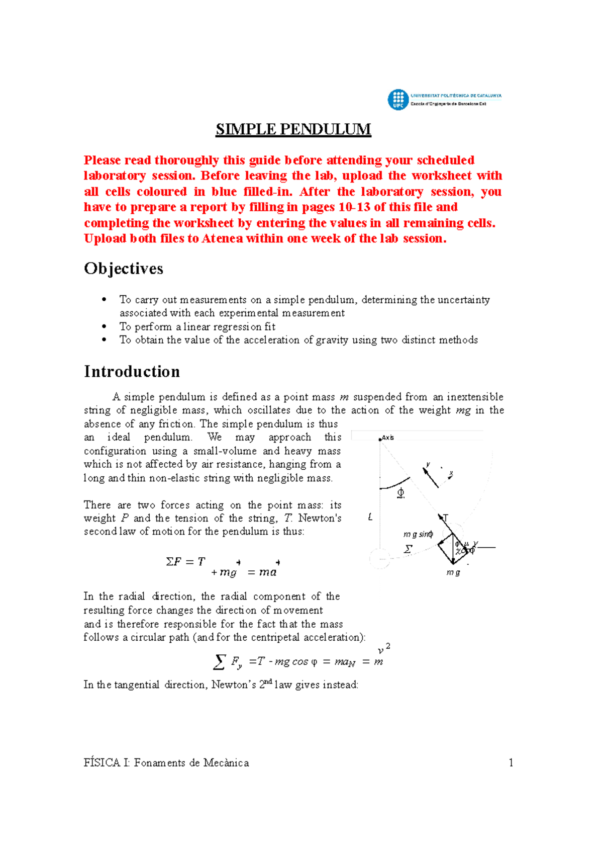P5 - Simple Pendulum with WP - SIMPLE PENDULUM Please read thoroughly ...