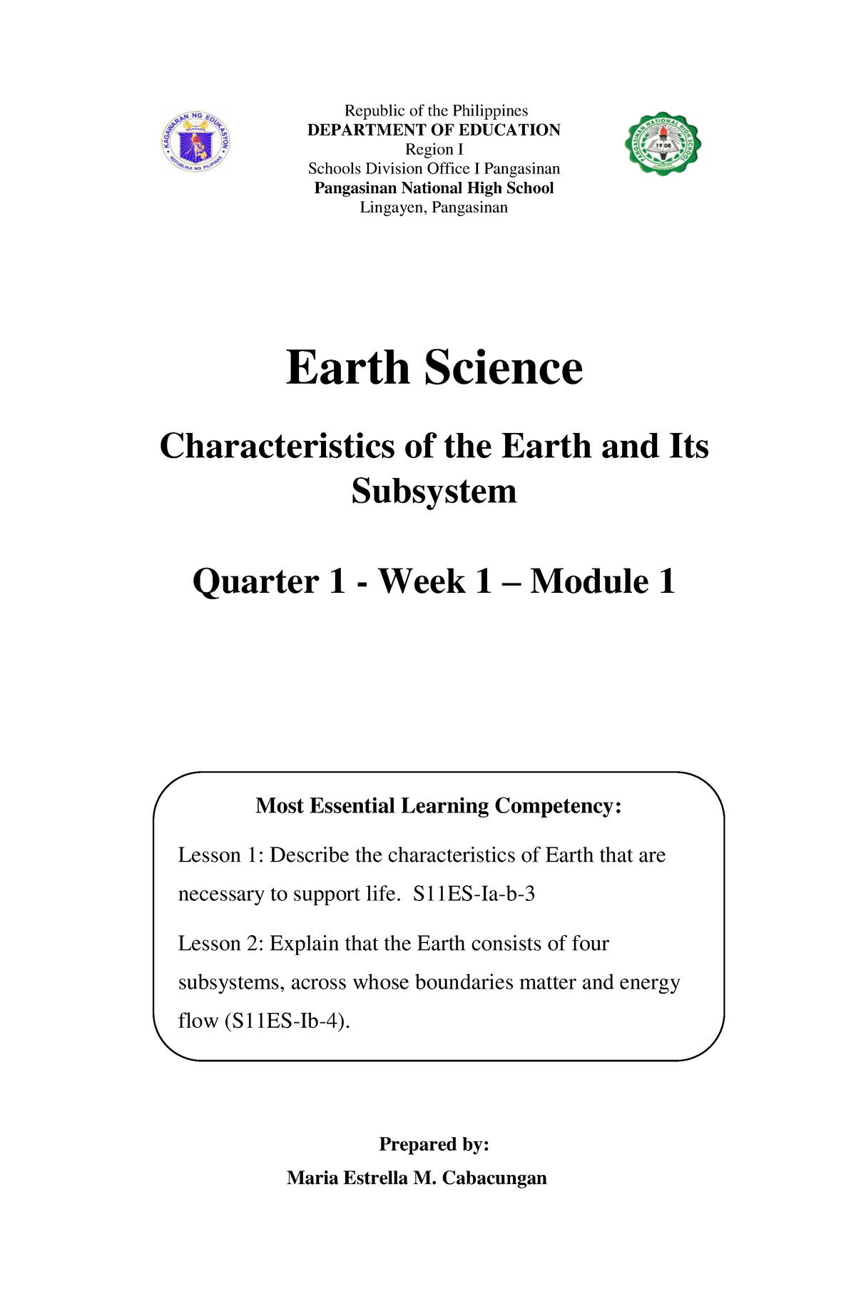 Earth Science Modules WEEK 1 - ####### Republic Of The Philippines ...