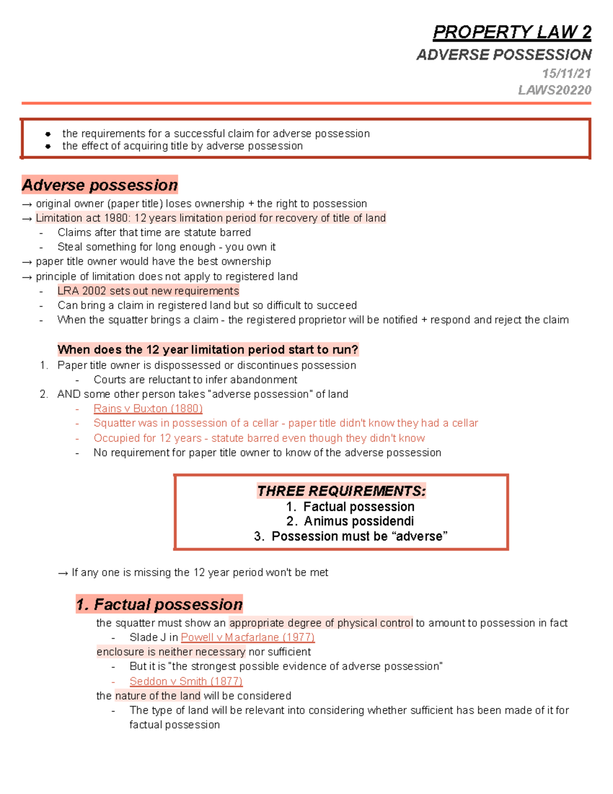 5) adverse possession PROPERTY LAW 2 ADVERSE POSSESSION 15/11/ LAWS