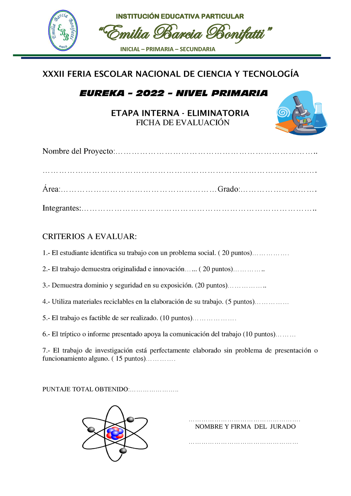 Ficha Evaluativa - Primaria Eureka - INSTITUCI”N EDUCATIVA PARTICULAR