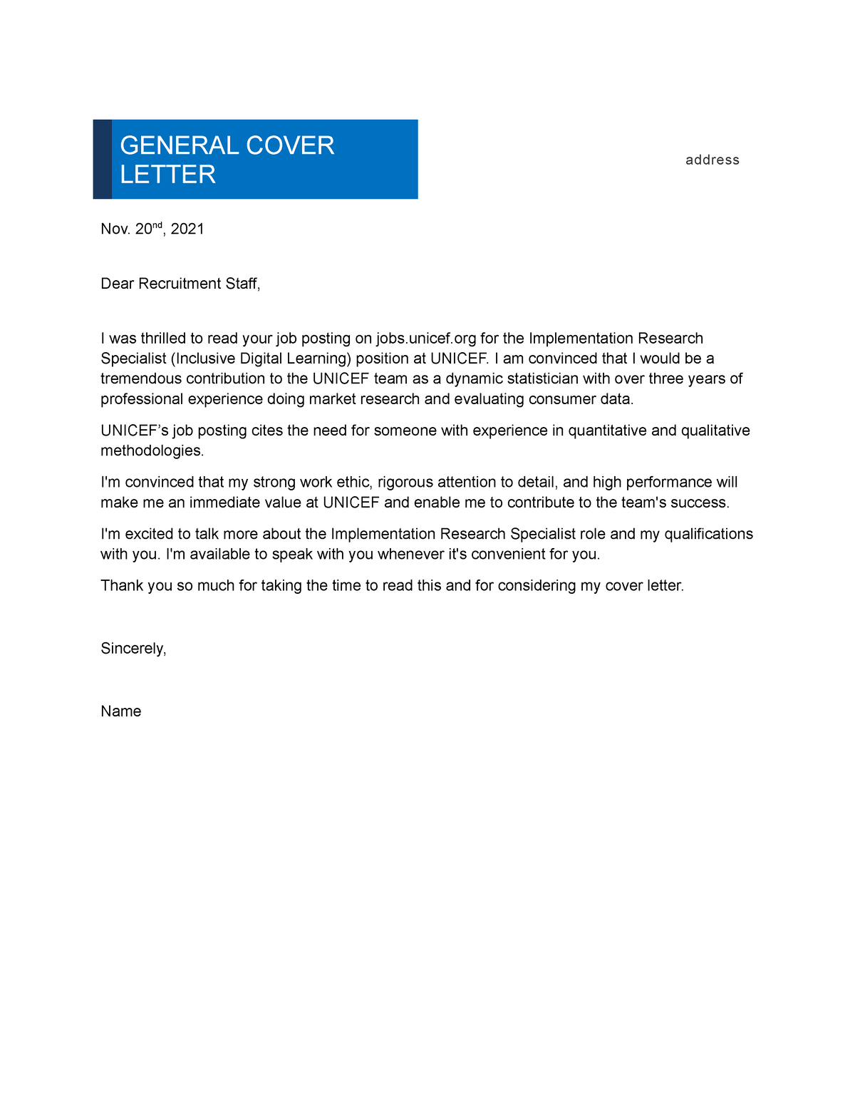 Sample-Cover-Letter - sample - GENERAL COVER LETTER address Nov. 20nd