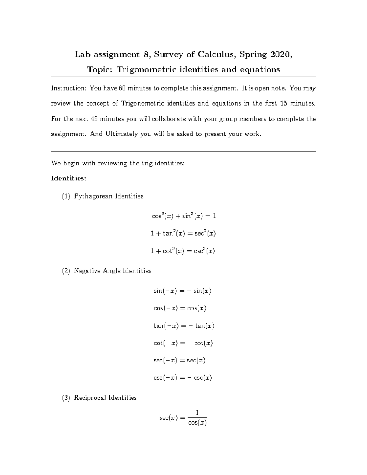 Lab8 - Trigonometric identities and equations - Lab assignment 8 ...