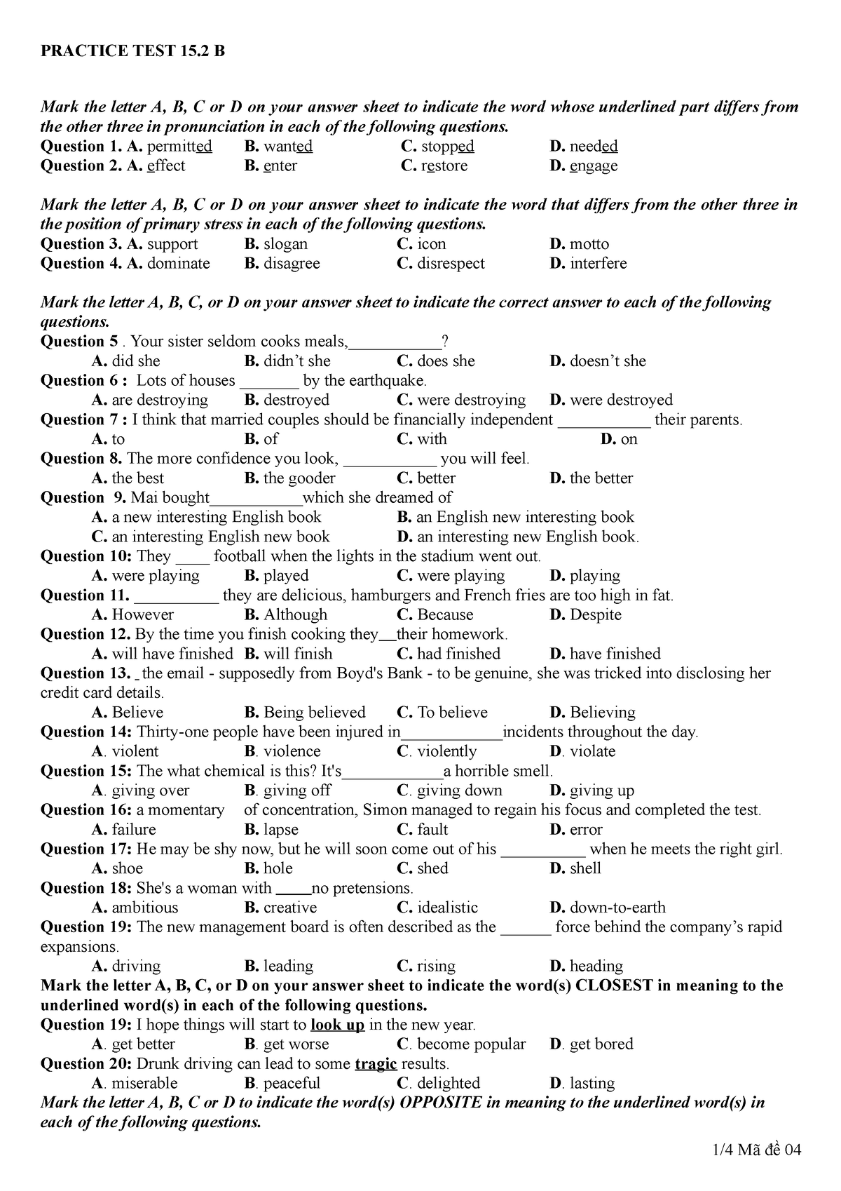 15 - Practice - PRACTICE TEST 15 B Mark The Letter A, B, C Or D On Your ...