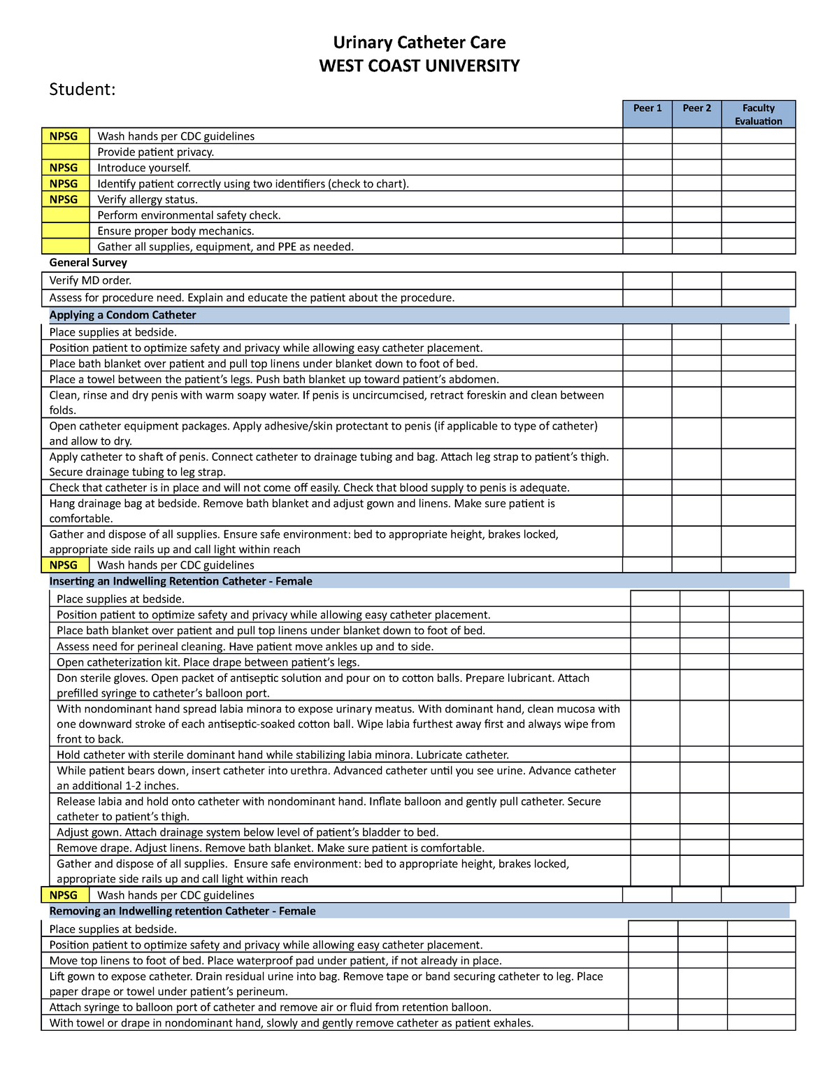 Urinary Catheter Care Checklist 2020 - NURS 120 - WCU - Studocu