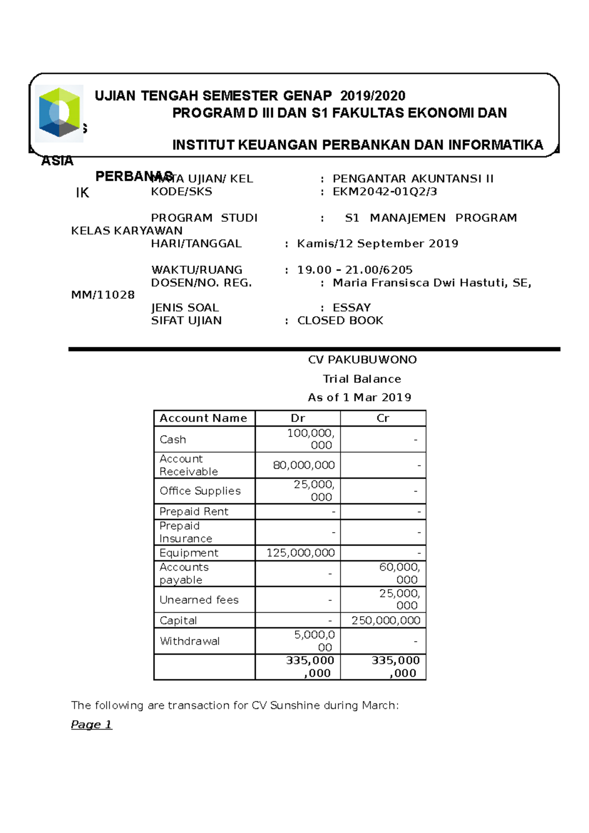 UTS 2019-B-Sabtu - UTS Basic Accounting - MATA UJIAN/ KEL : PENGANTAR ...